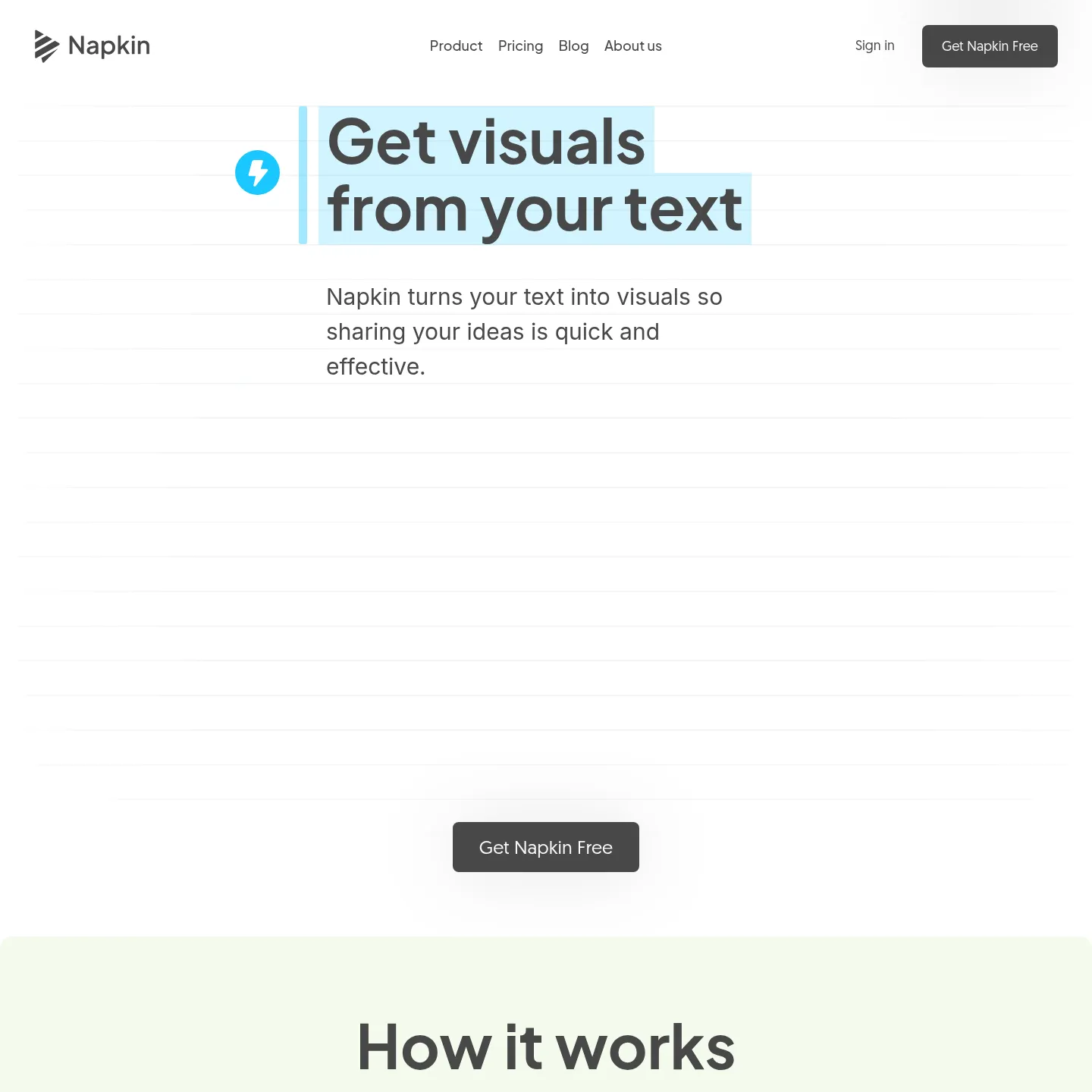 Napkin AI homepage showing its text-to-visual workflow and example diagrams
