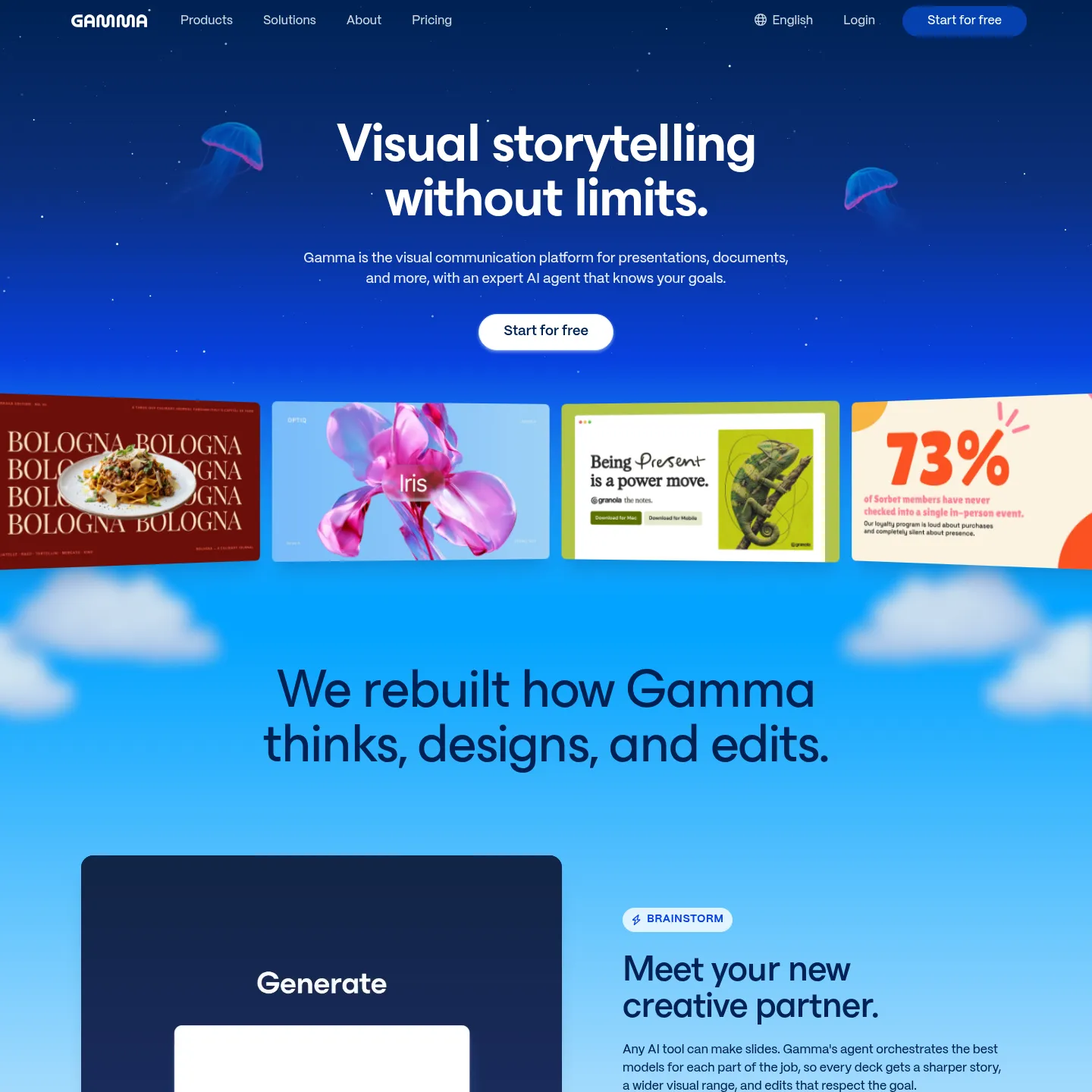 Gamma homepage showing presentation, document and publishing workflows