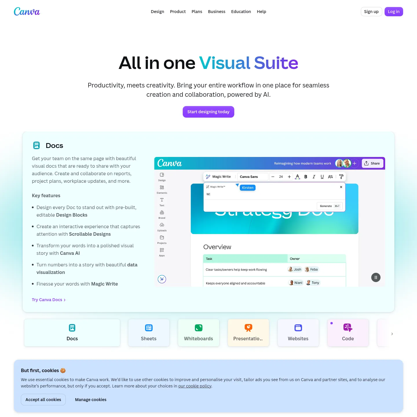 Canva Visual Suite page showing its range of marketing and design formats