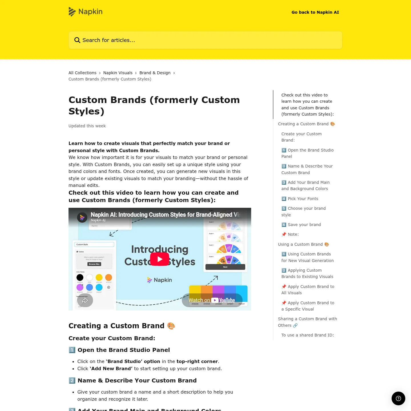 Napkin Custom Brands documentation showing Brand Studio and brand application controls