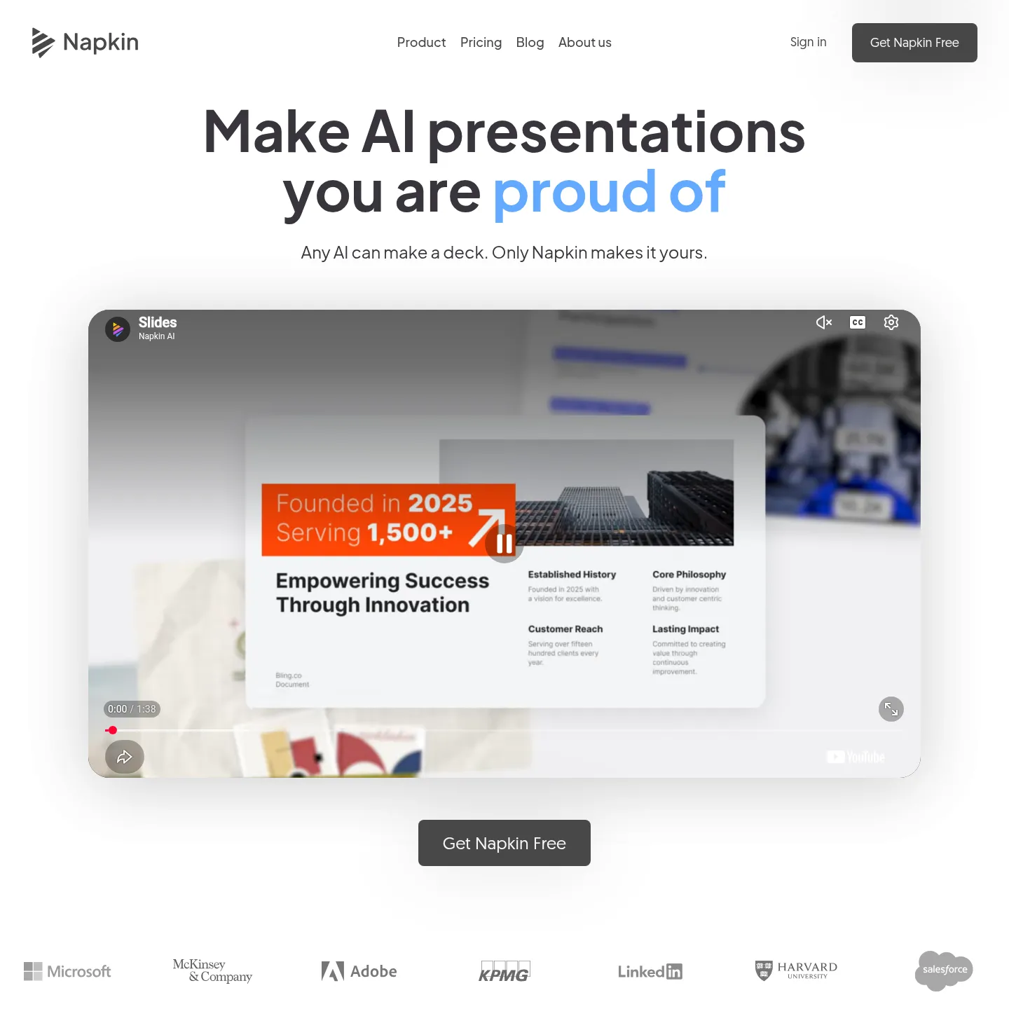 Napkin Slides product page showing its presentation workflow and business deck examples