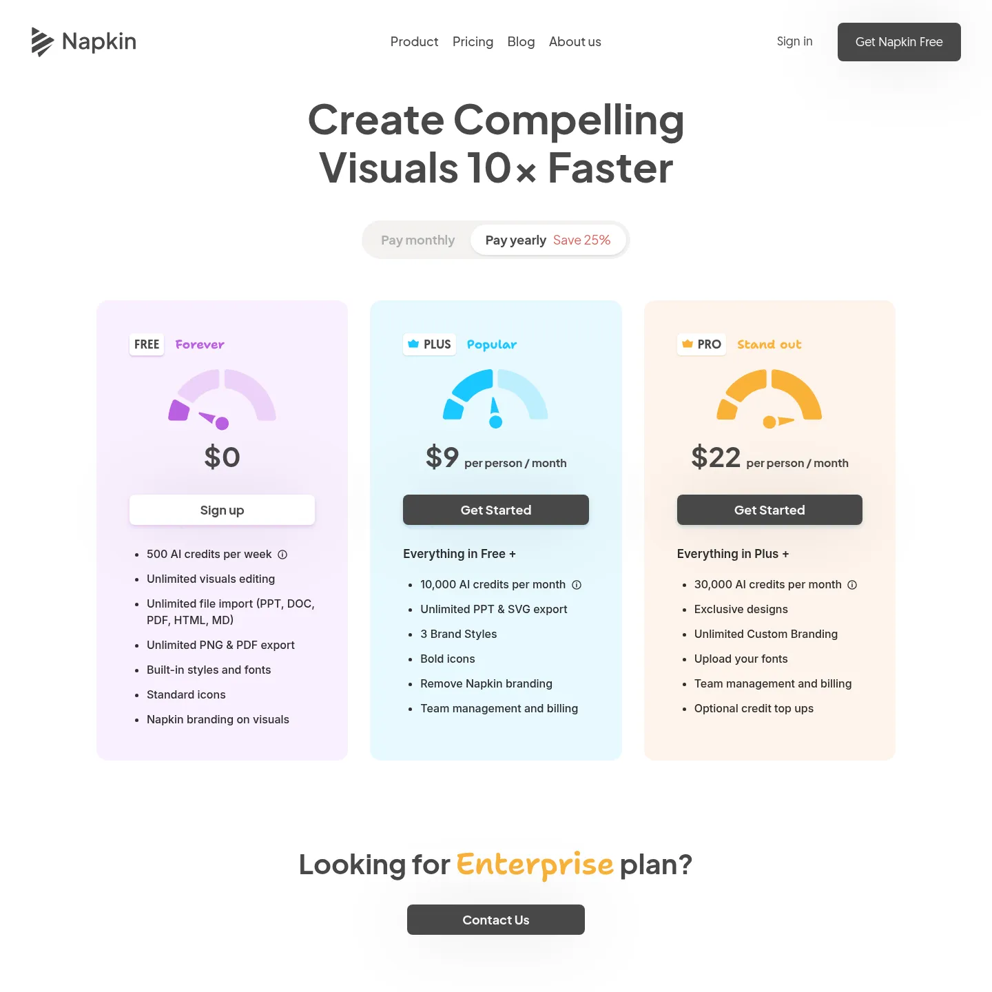 Napkin pricing page showing Free, Plus and Pro with a monthly or yearly billing selector