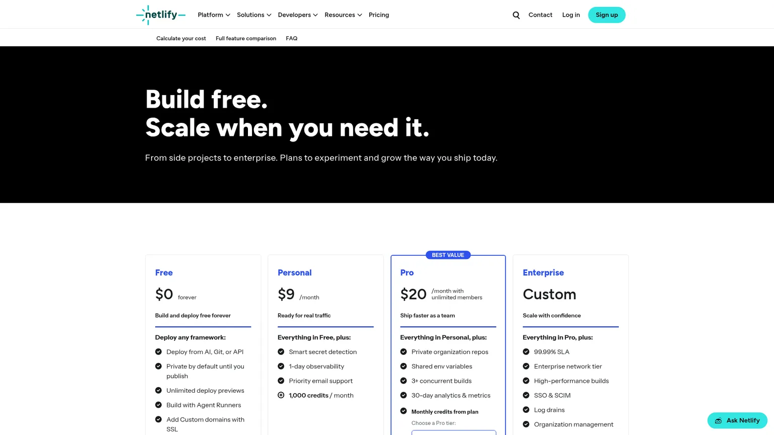 Página de precios de Netlify con los planes Free, Personal, Pro y Enterprise