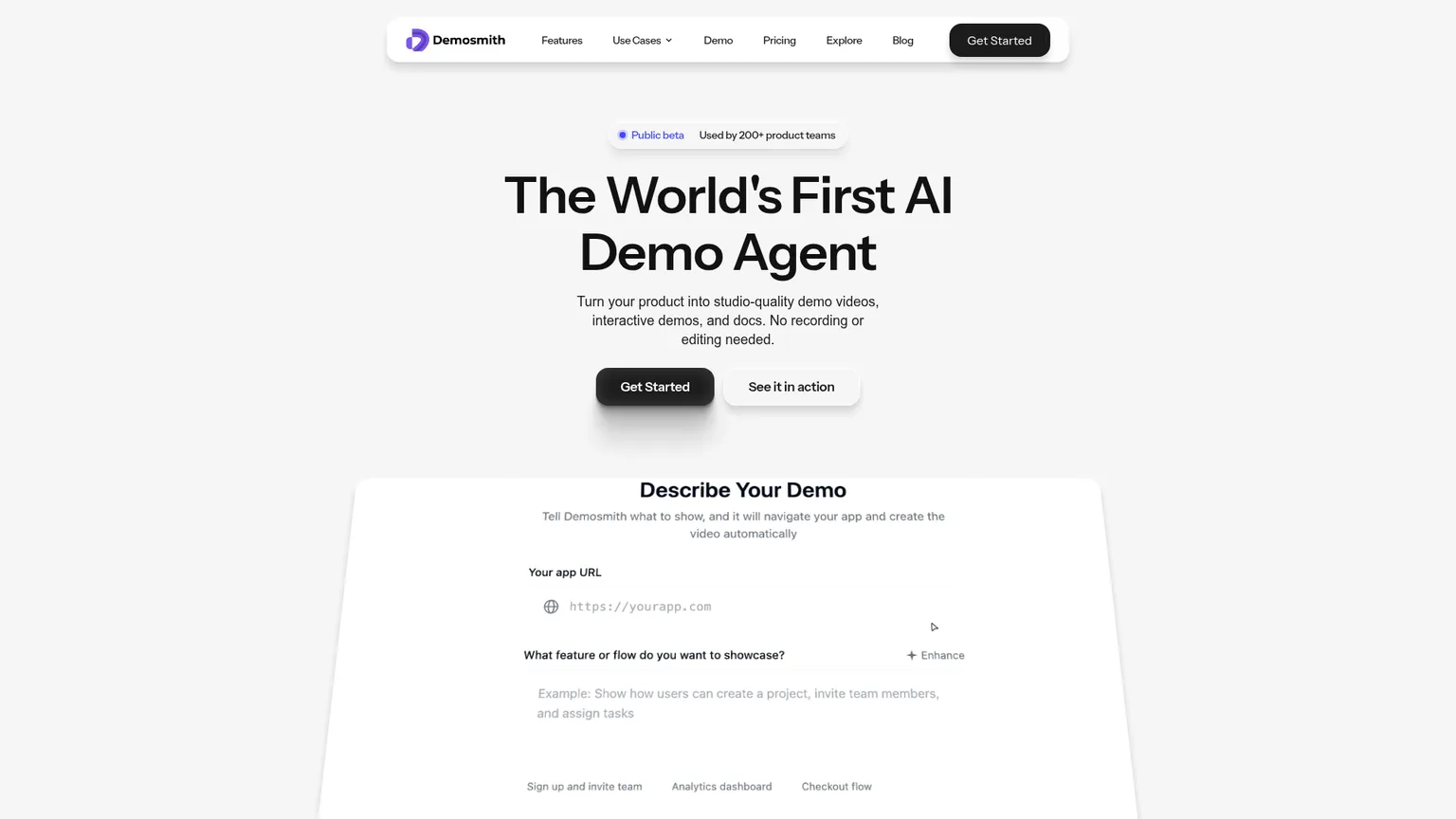 Demosmith homepage showing autonomous browser demo capture