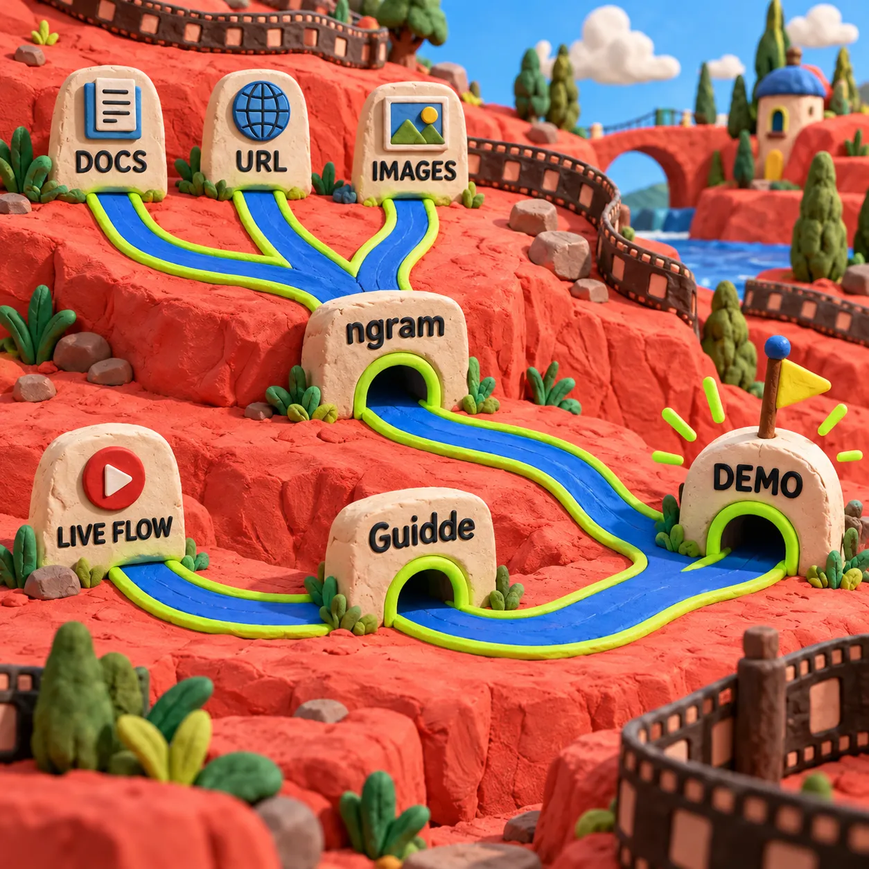 Decision flow routing documents, URLs, and images to ngram and a live workflow to Guidde