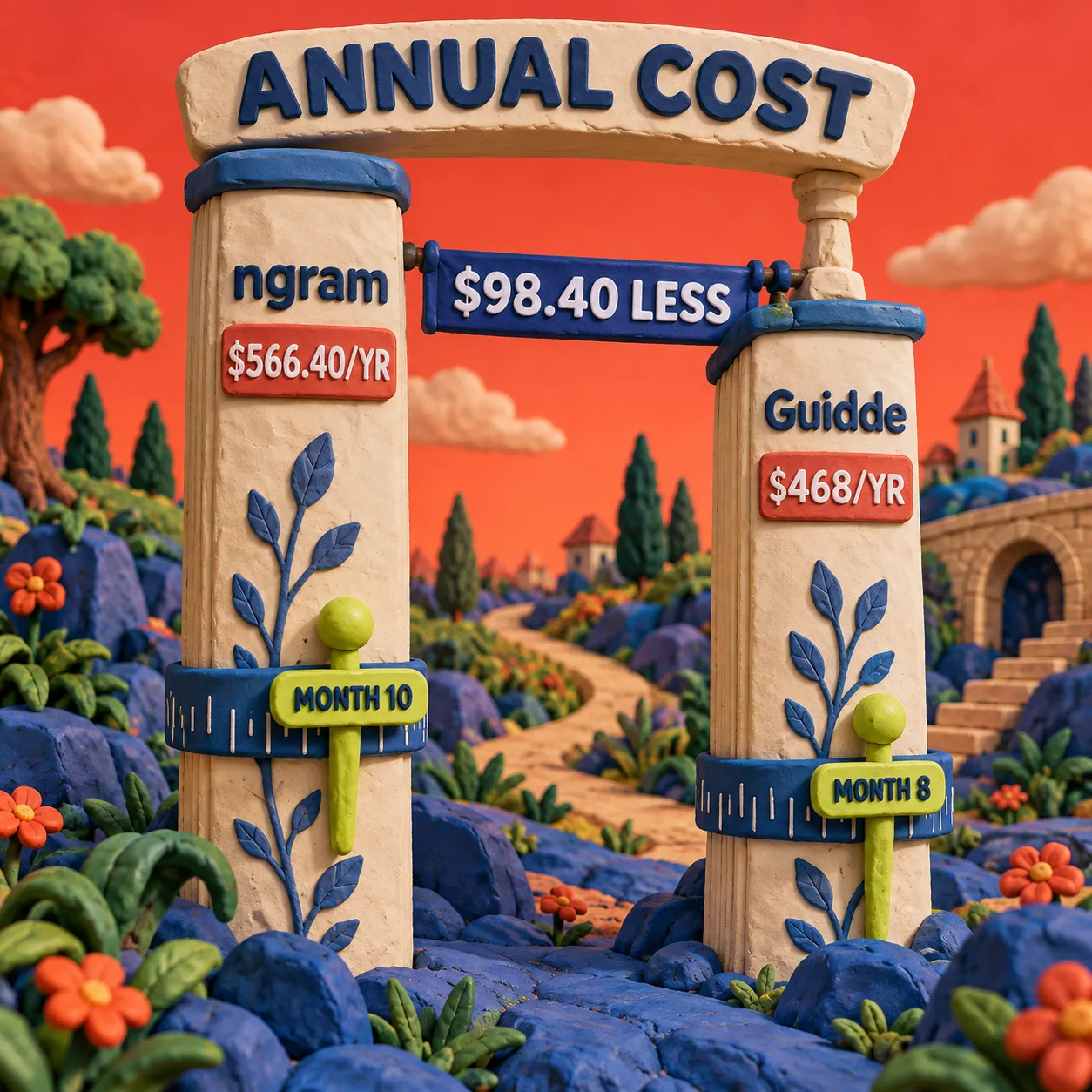 Column chart comparing ngram Premium and Guidde Business annual costs and billing break-even months