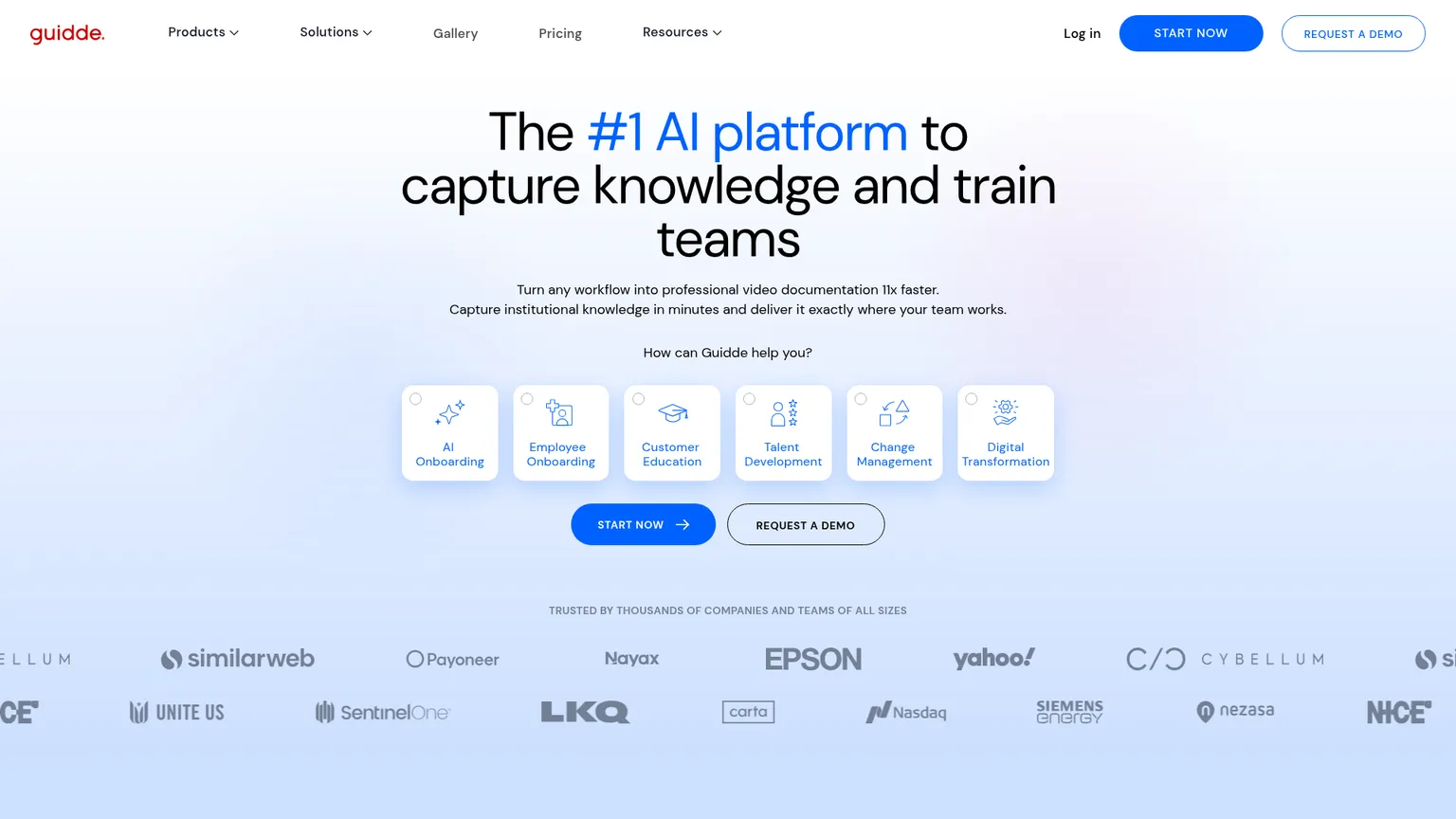 Guidde homepage showing workflow capture and AI-generated video documentation