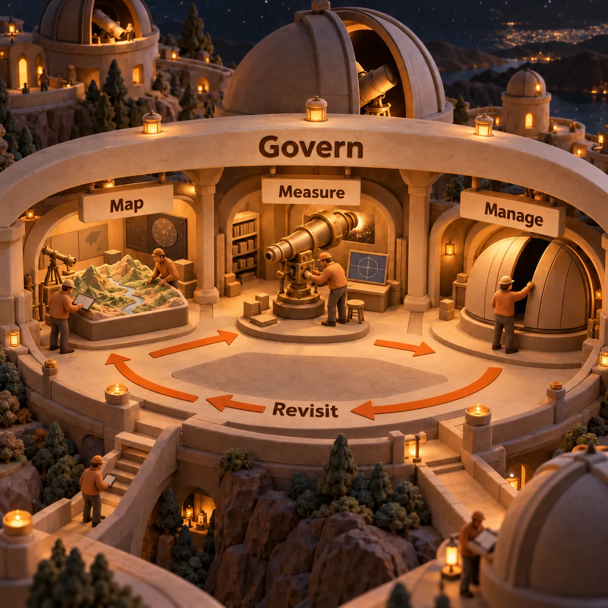 A clay observatory beam labeled Govern spans Map, Measure and Manage work areas connected by a returning path.