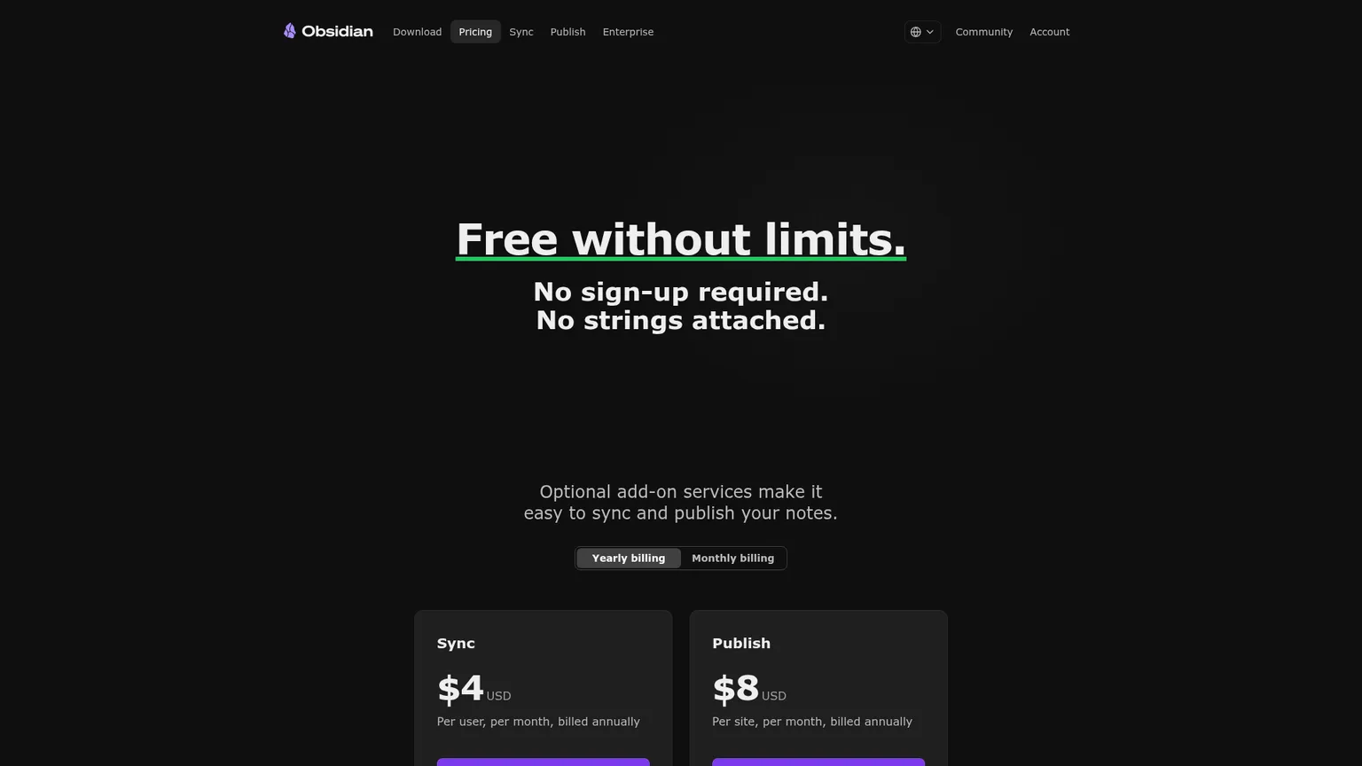 Obsidian pricing page