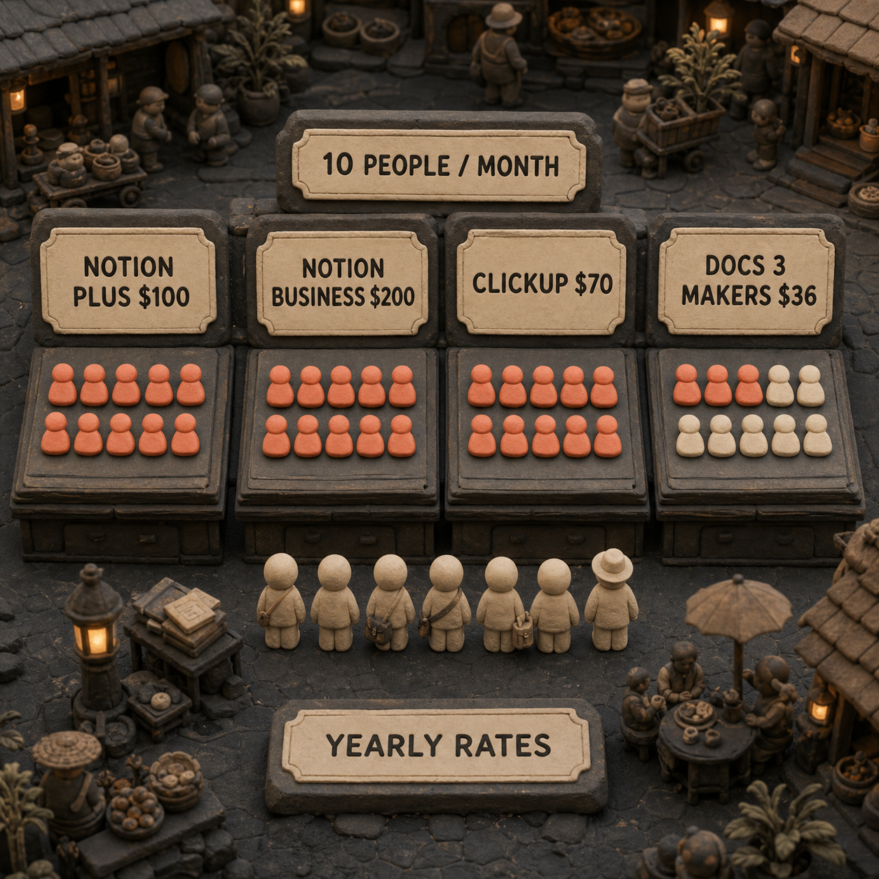 Physical ten-person cost comparison showing Notion, ClickUp, and Superhuman Docs with three paid makers