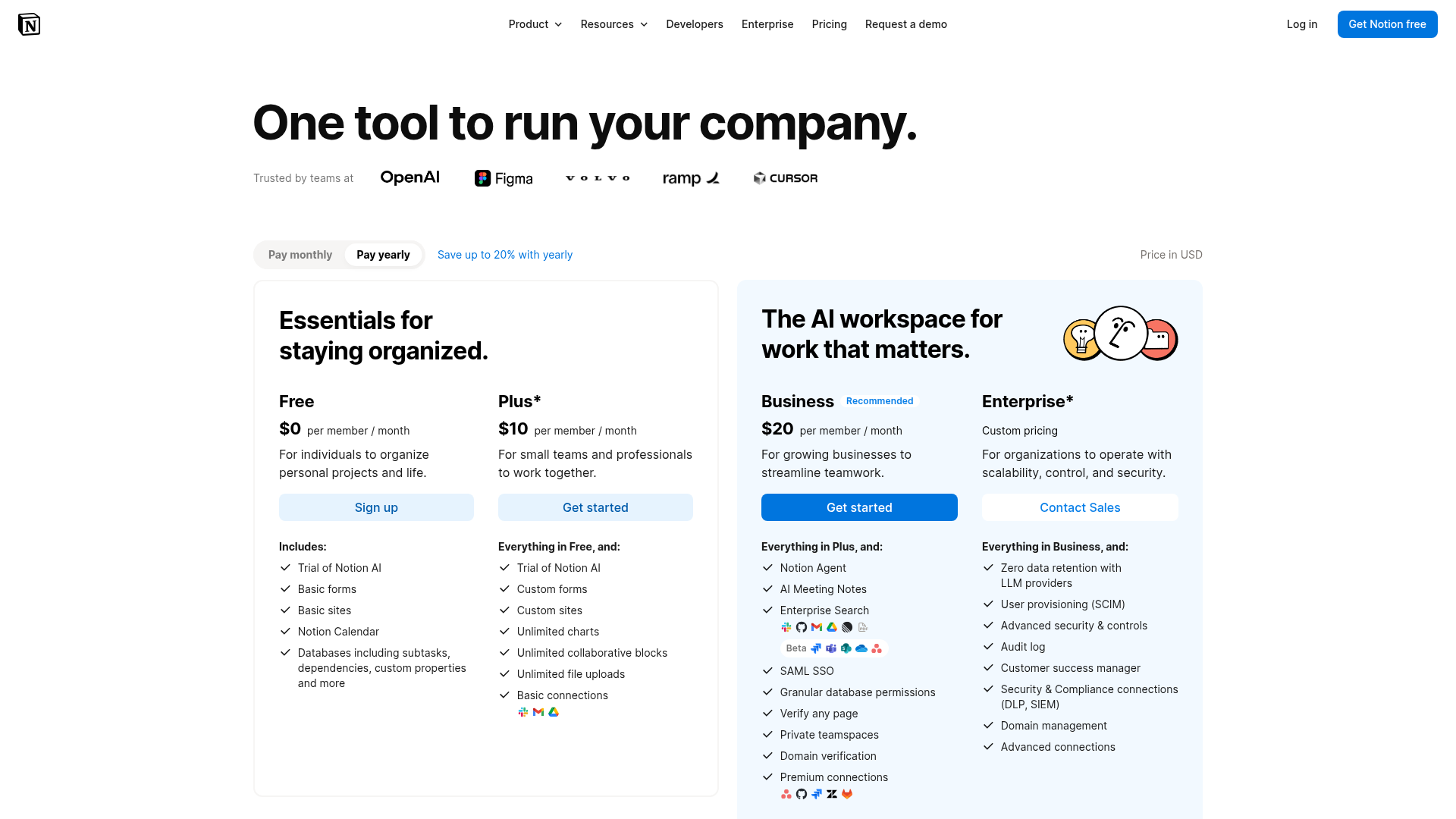 Notion pricing page showing Free, Plus, Business, and Enterprise plans