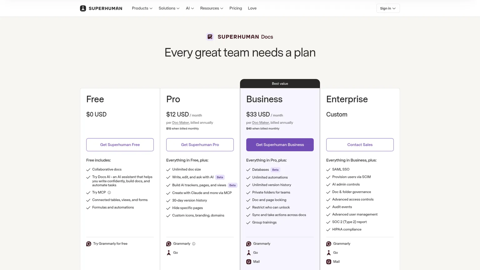 Page des prix de Superhuman Docs affichant les forfaits Doc Maker Free, Pro et Business