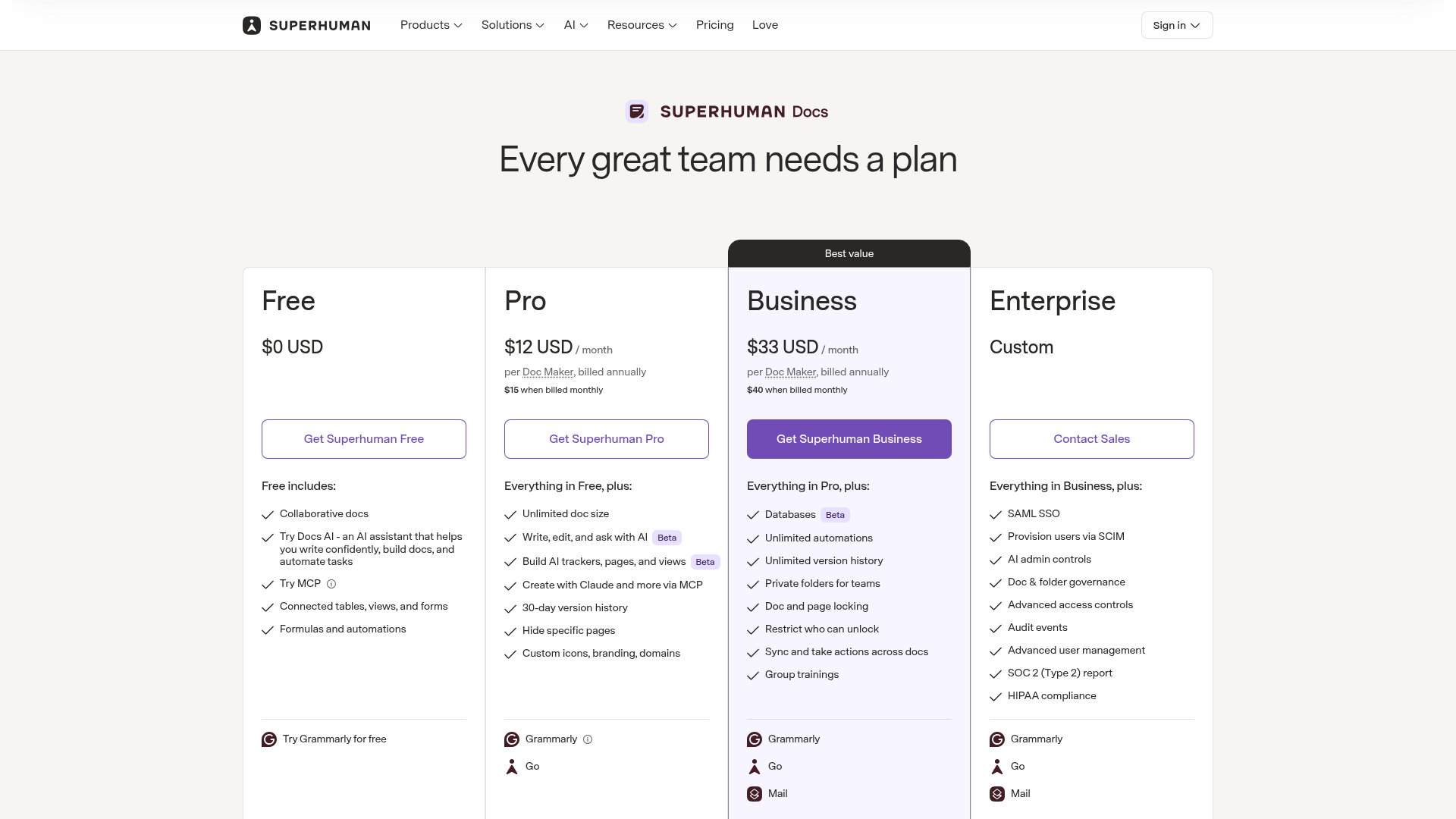 Superhuman Docs pricing page showing Free, Pro, and Business Doc Maker plans