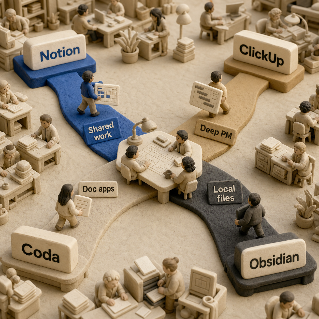 Decision flow routing shared work to Notion, deep project management to ClickUp, doc apps to Coda, and local files to Obsidian