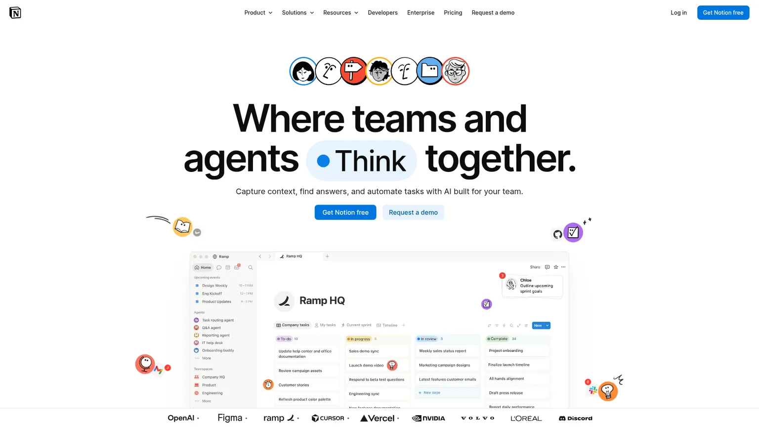 Notionホームページに表示されたAI統合ワークスペース