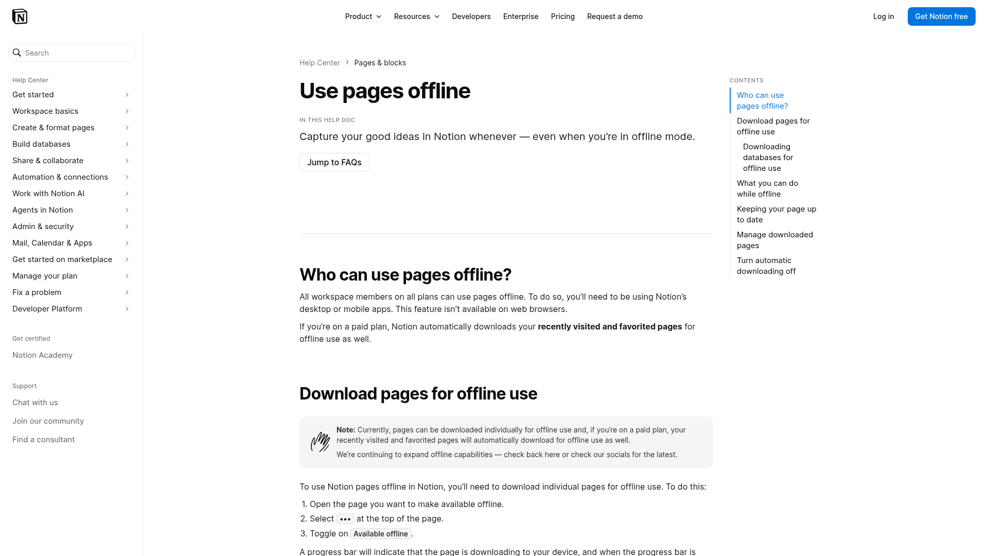 Notion offline help page explaining downloaded pages and database limits