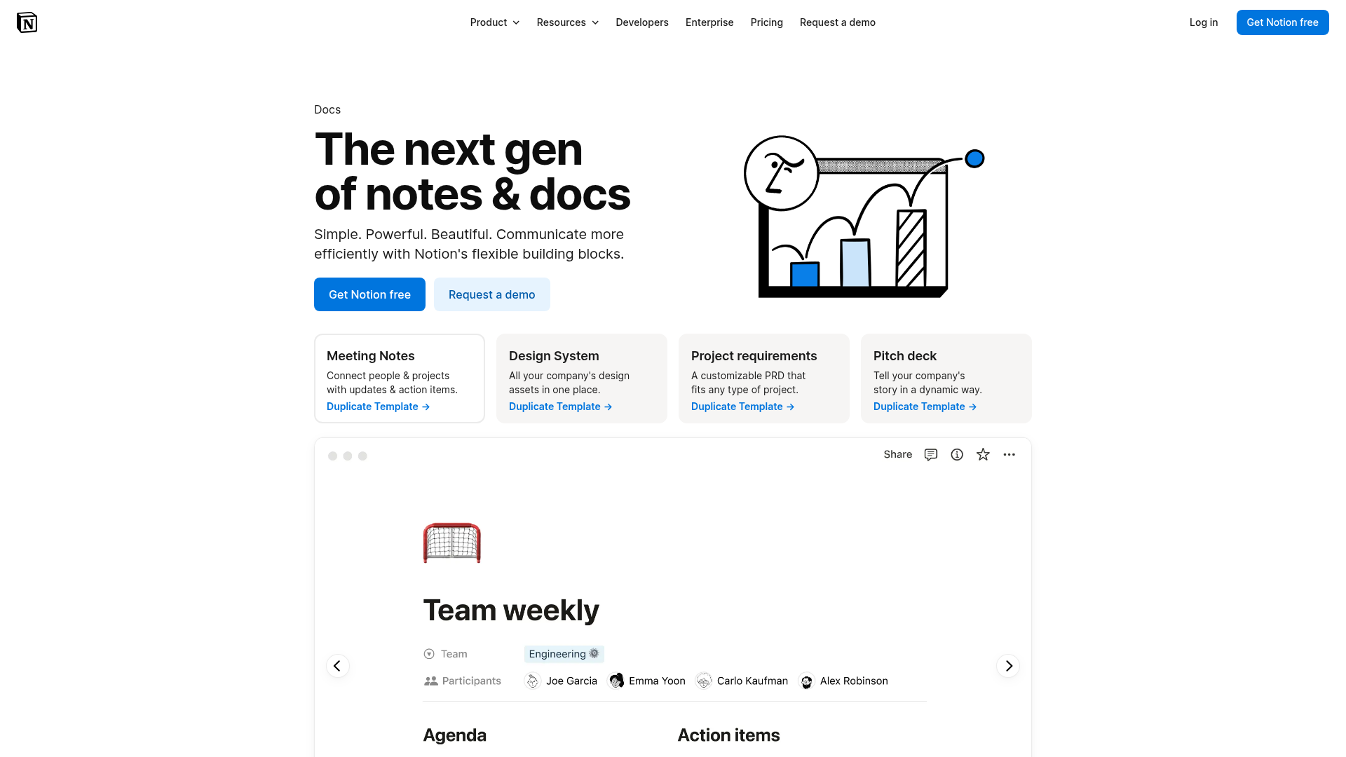 Notion Docs product page showing collaborative documents and embedded content