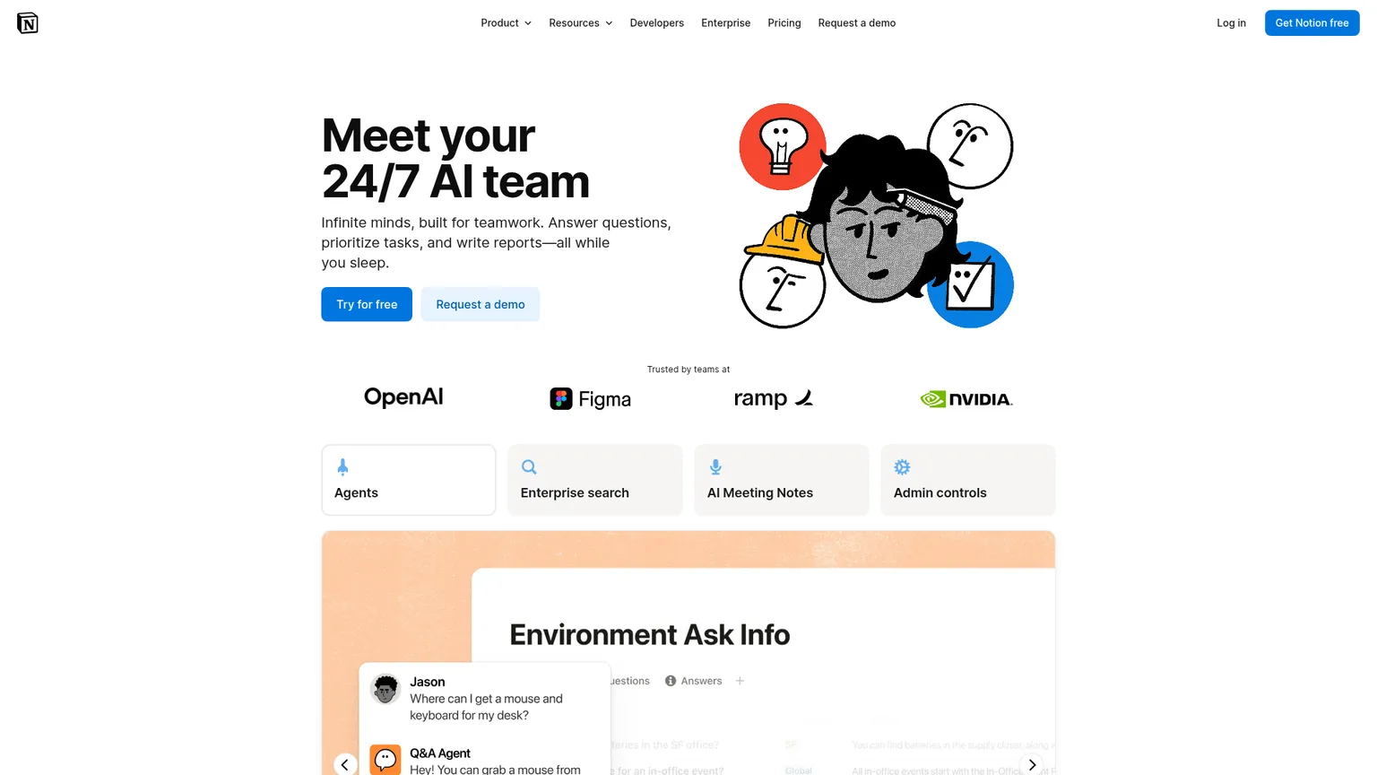 Notion AI page showing Agent, Enterprise Search, and AI Meeting Notes