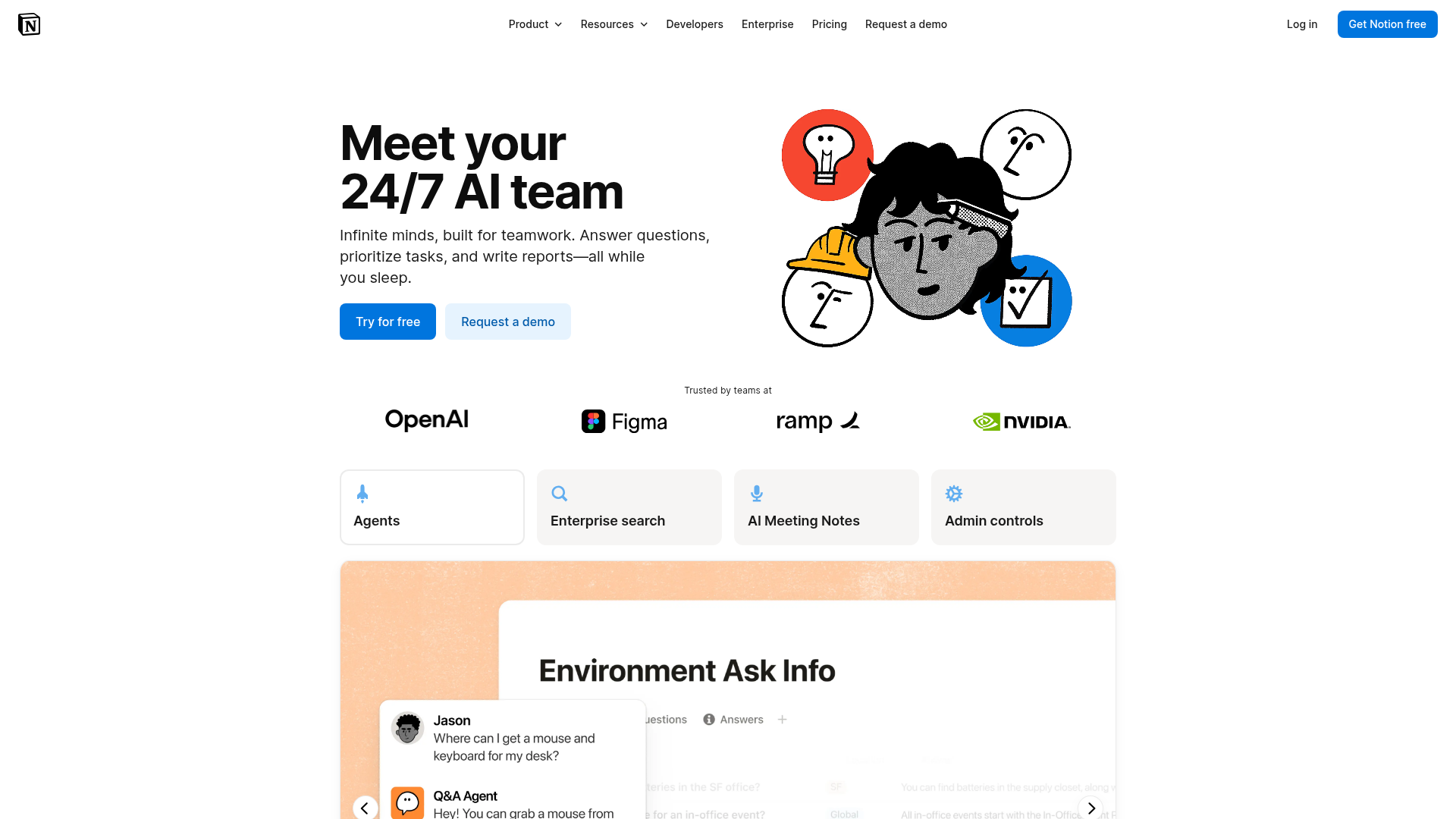 Notion AI page showing Agent, Enterprise Search, and AI Meeting Notes
