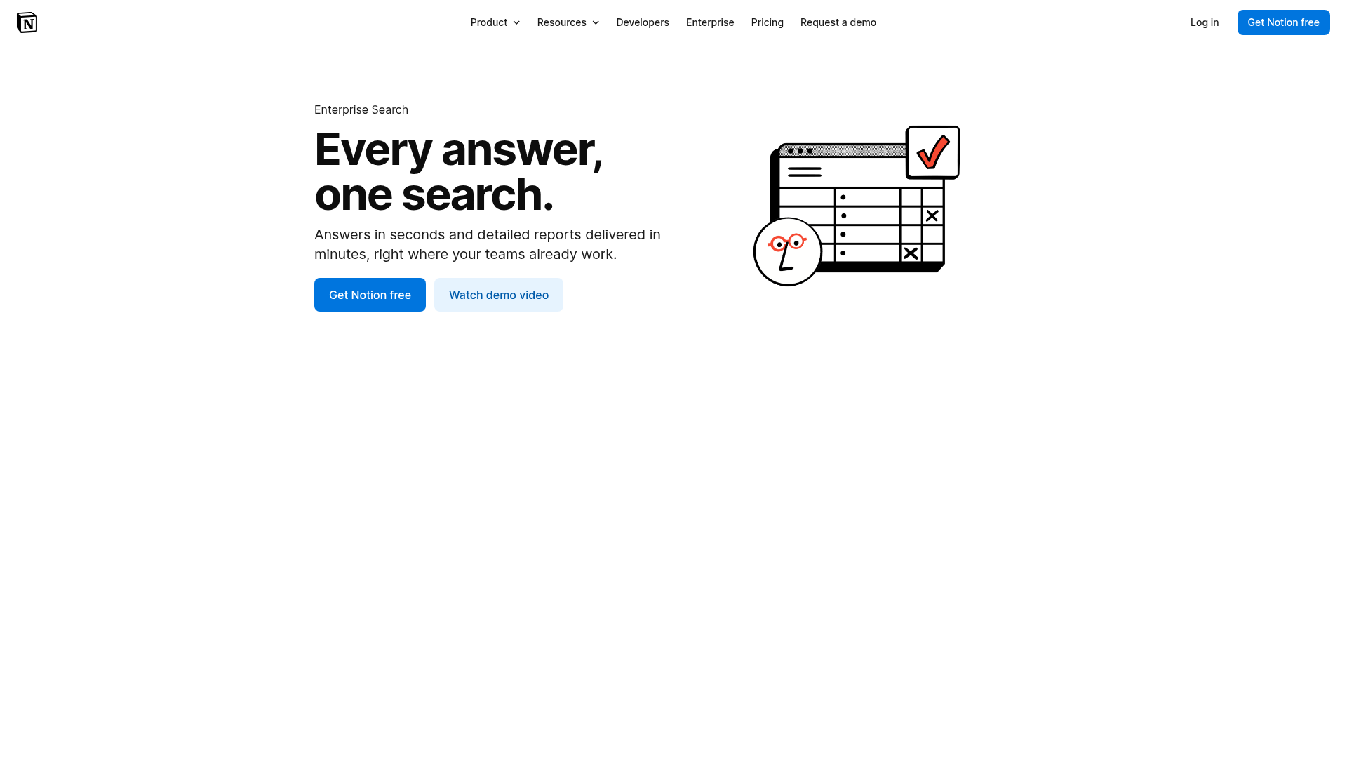 Notion Enterprise Search page showing connected search and cited answers