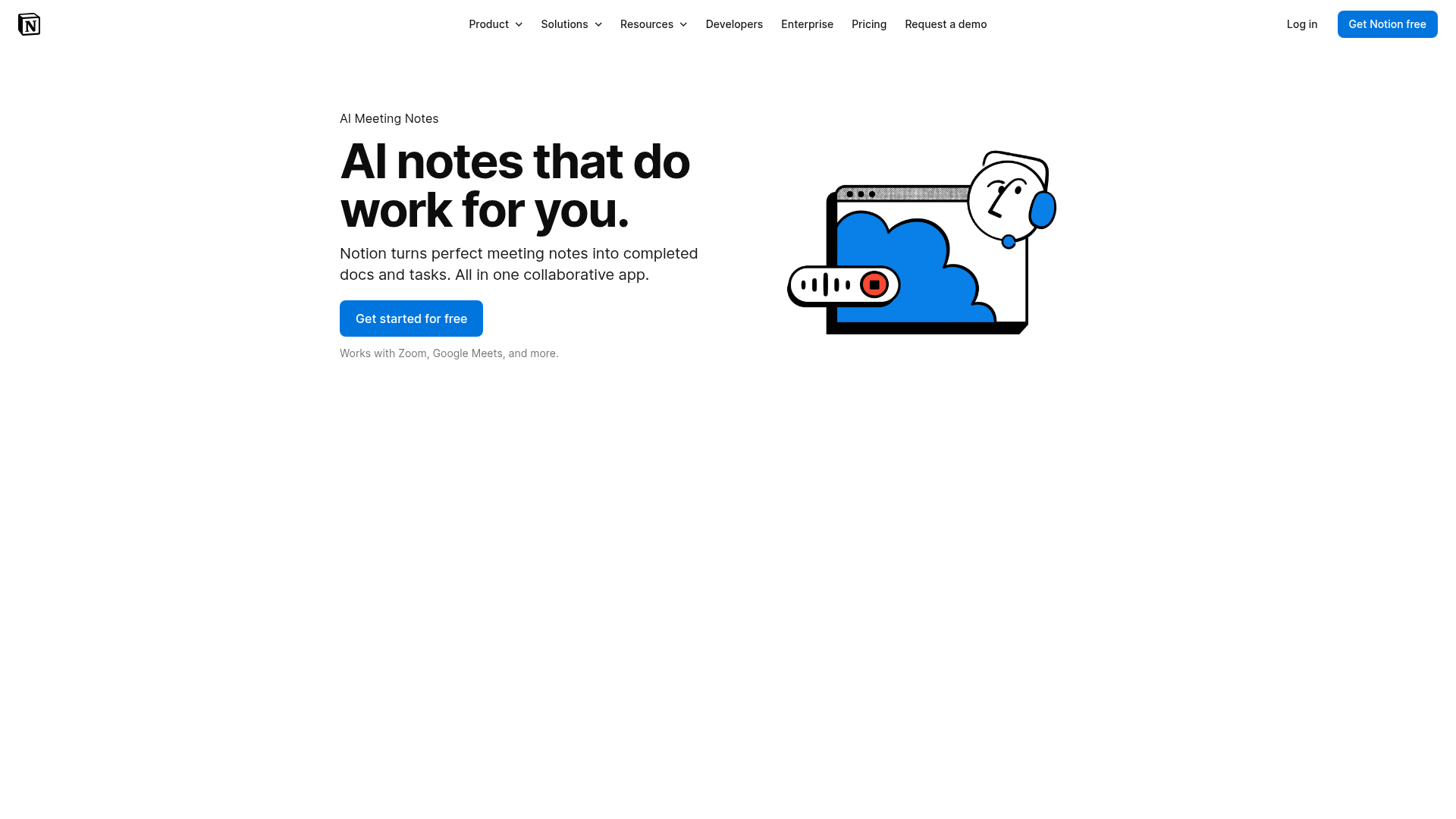 Notion AI Meeting Notes page showing transcripts, summaries, and action items