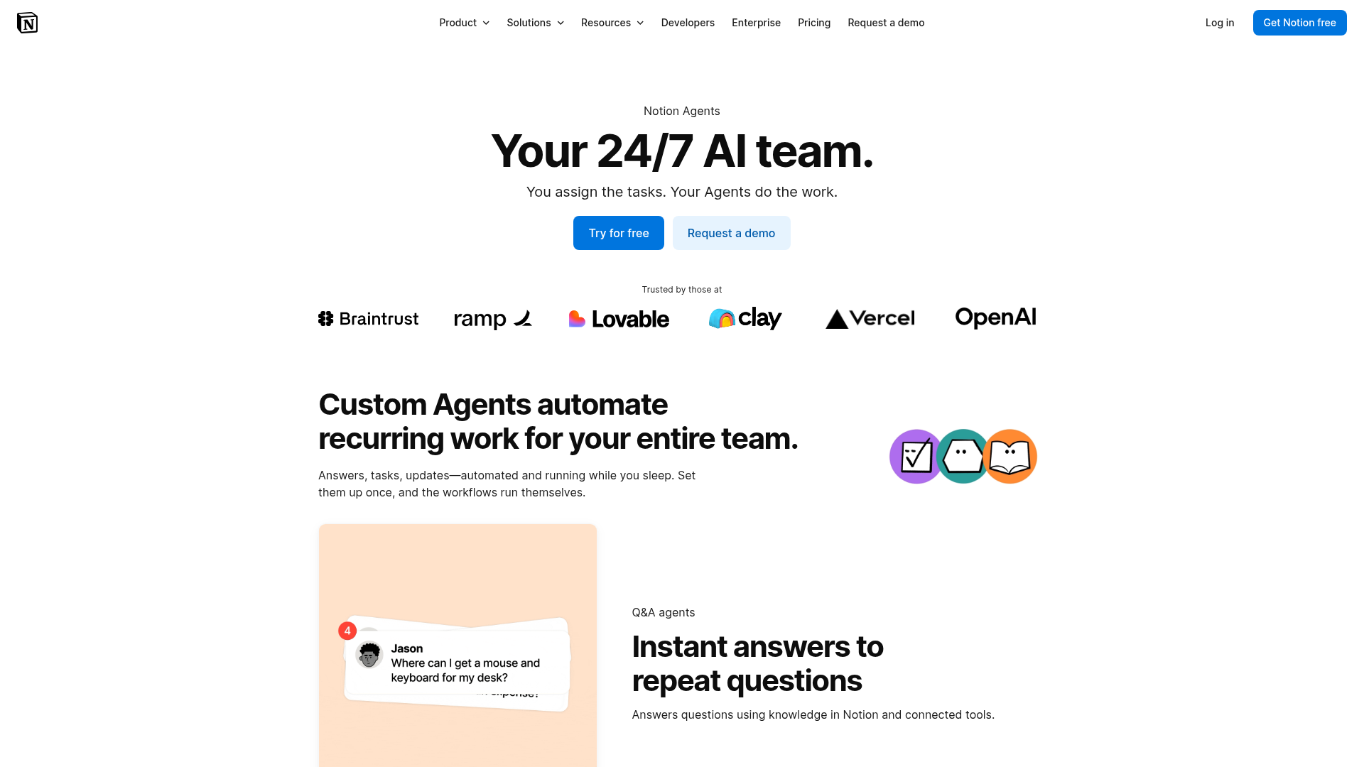 Notion Agents page showing scheduled team agents and permission controls