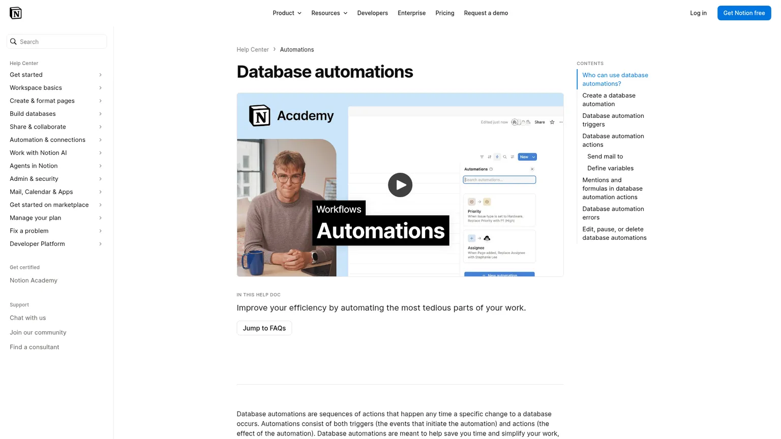 Notion database automations help page showing triggers and actions