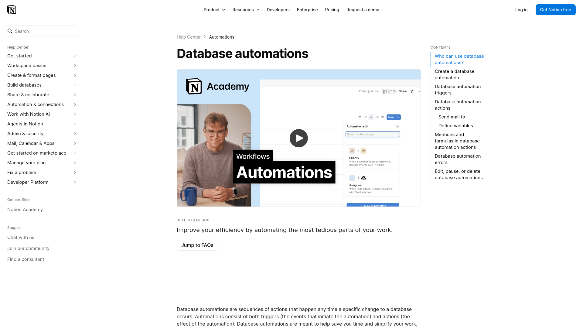 Notion database automations help page showing triggers and actions