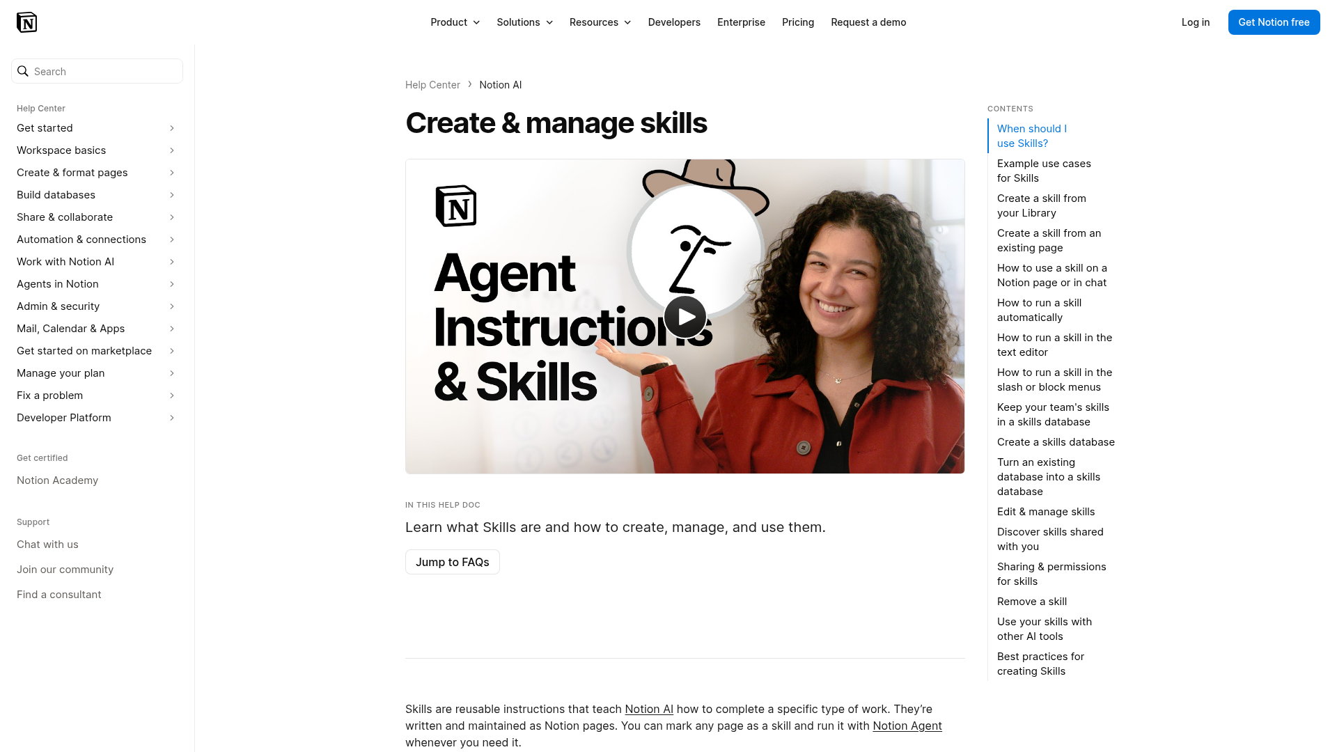 Notion help page showing how teams create and manage Skills