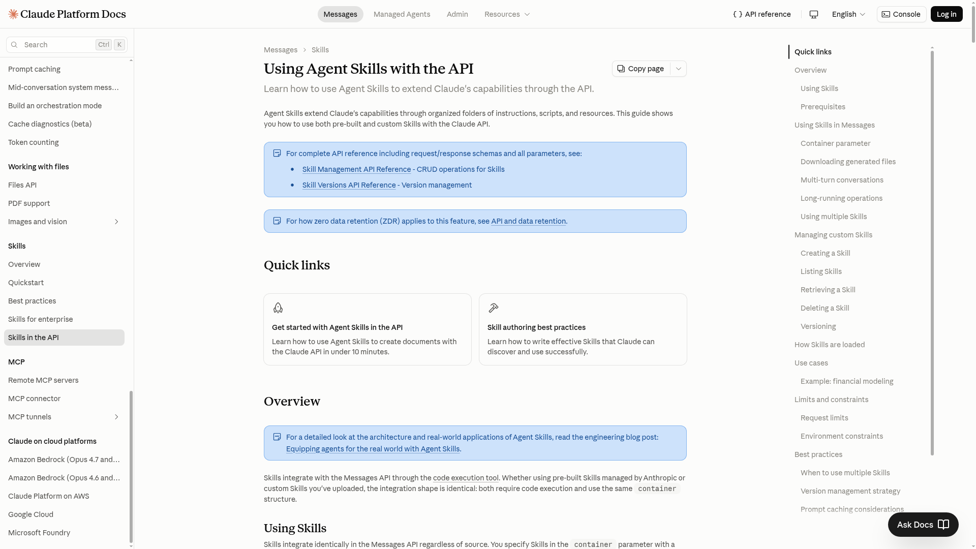 Anthropic documentation for using Agent Skills with the Claude API