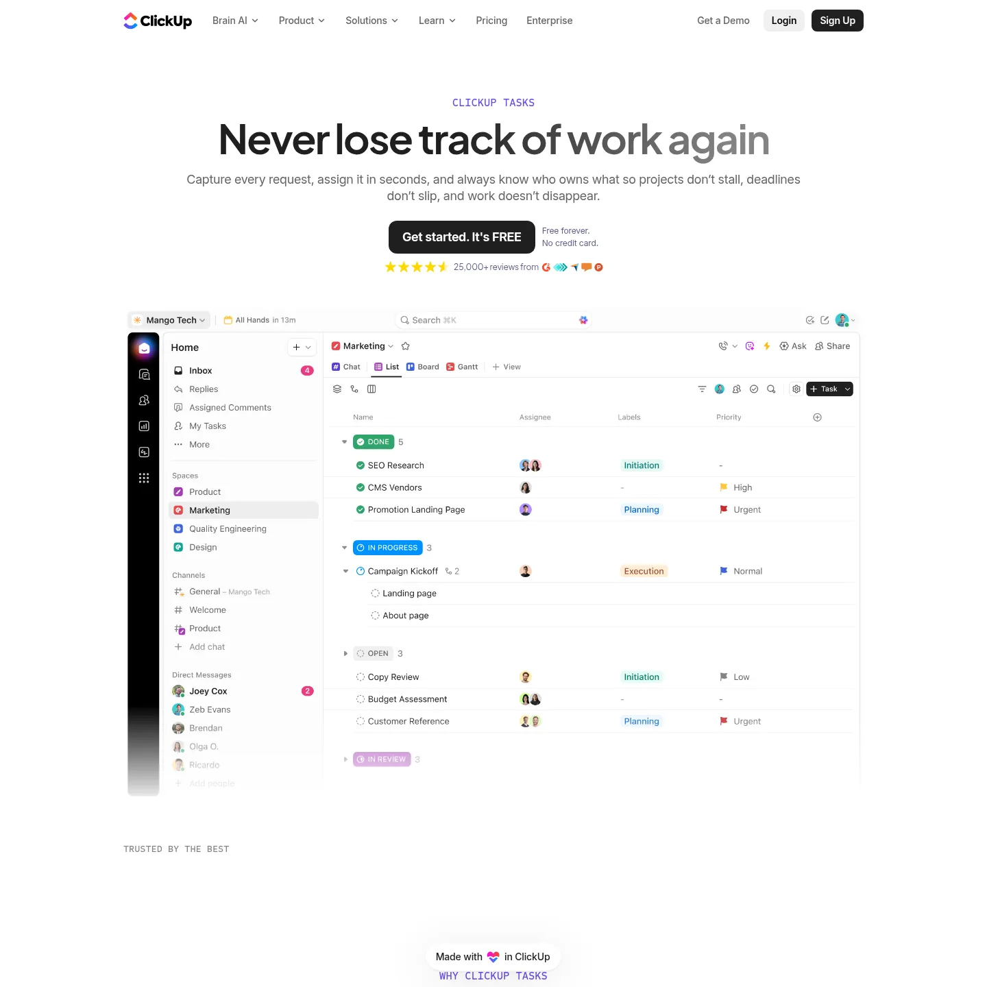 ClickUp's task management feature page showing the product's task-centered workflow