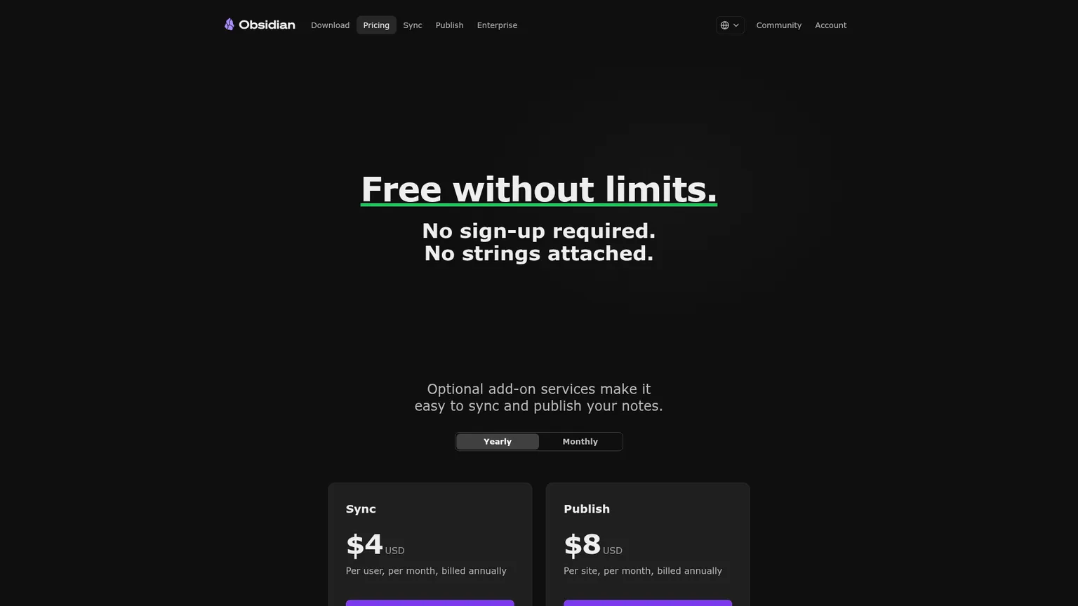 Obsidian-Preisseite mit Sync, Publish und optionalen Lizenzen