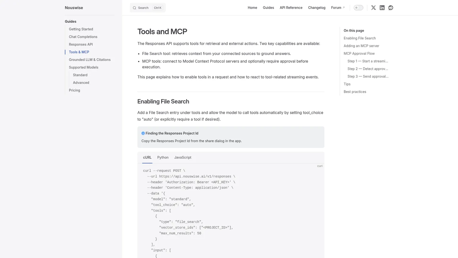File SearchとMCPツールの設定を示すNouswiseのドキュメント