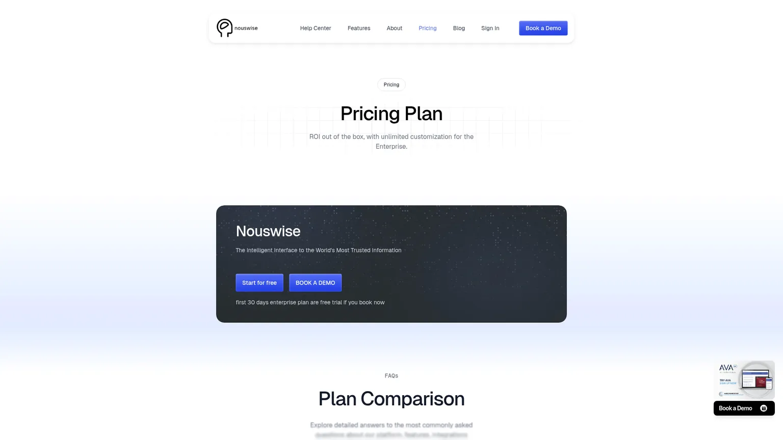 Starter、Essential、Pro、Enterpriseの各プランを示すNouswiseの料金ページ