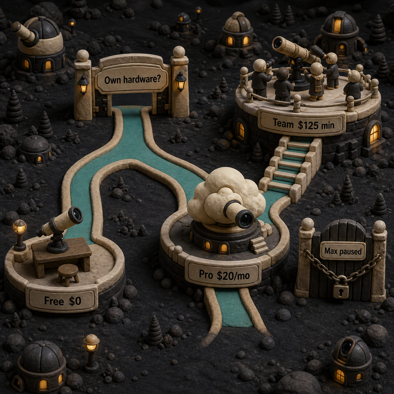 Decision flow from existing hardware to Ollama Free, Pro, Team, or the paused Max tier