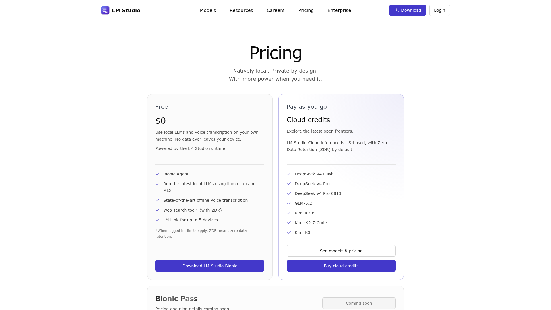 LM Studio pricing page showing Free local use and pay-as-you-go cloud credits