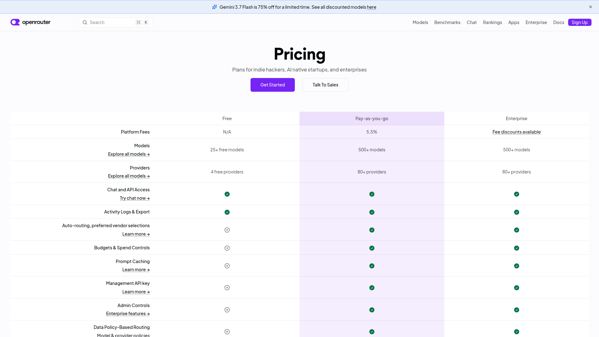 OpenRouter pricing page showing Free, Pay-as-you-go, and Enterprise options