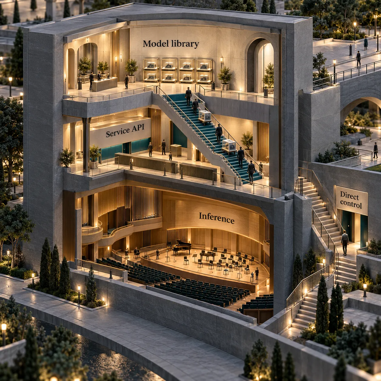 Architectural cutaway showing model management and a service API above inference, with a separate direct-control entrance