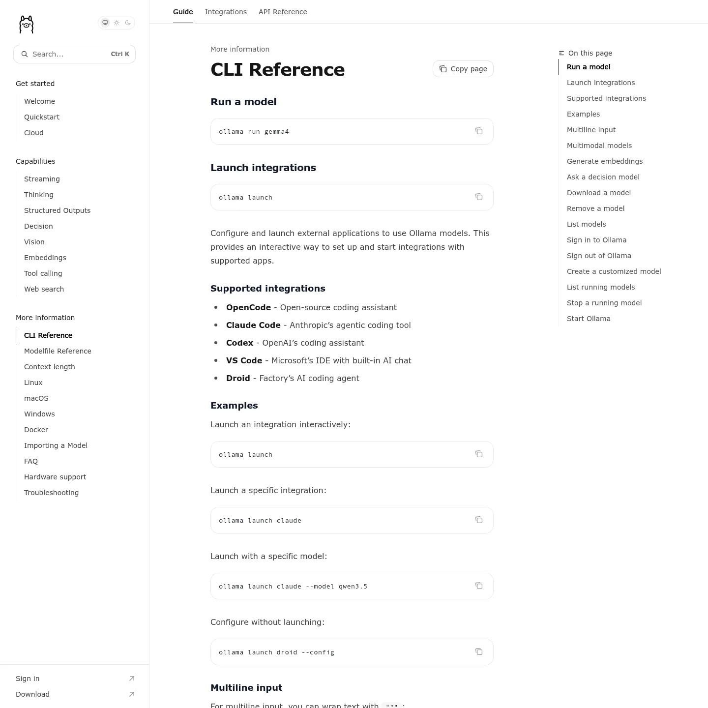 Ollama's official CLI documentation for running, downloading and managing models