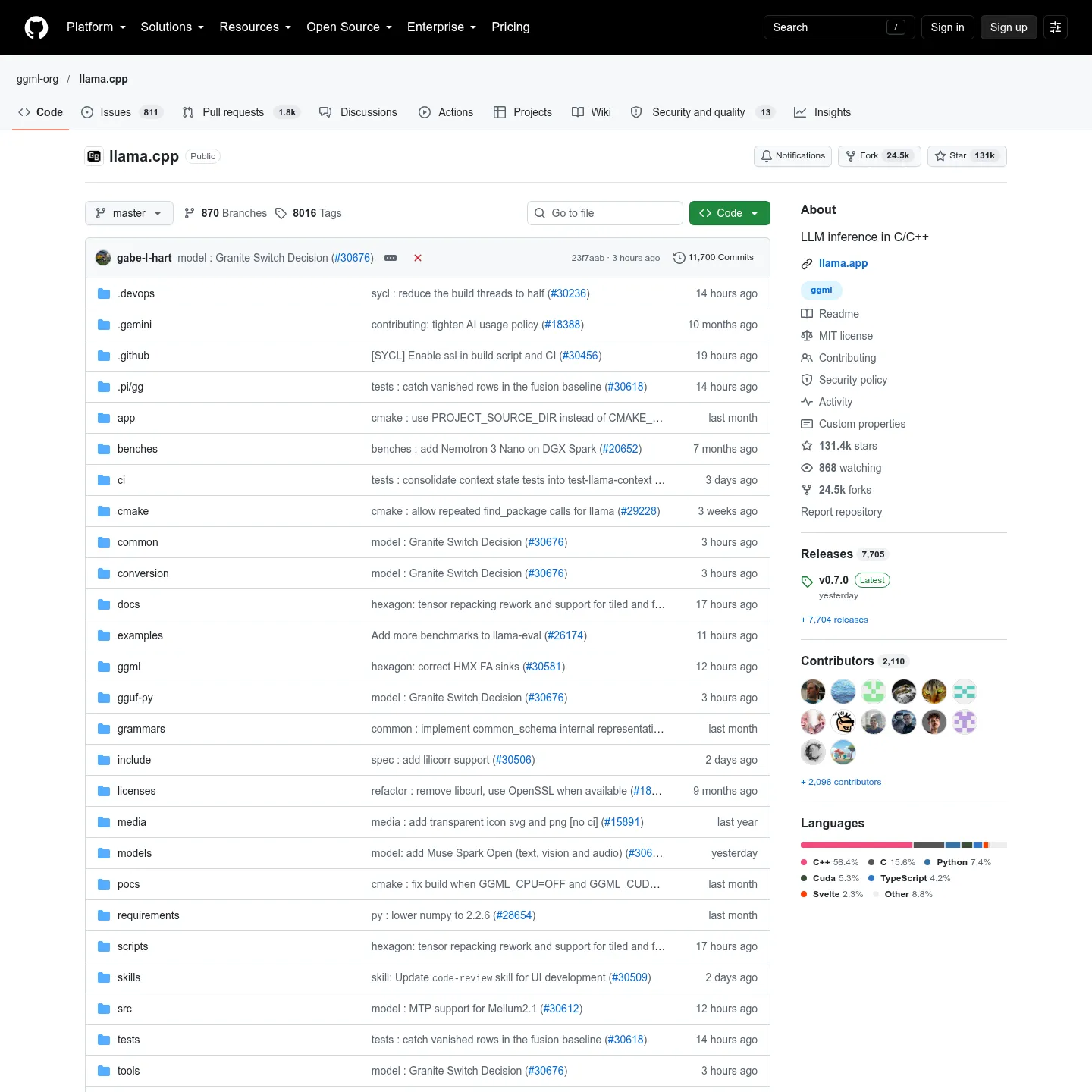 The official llama.cpp repository with installation options and server quickstart