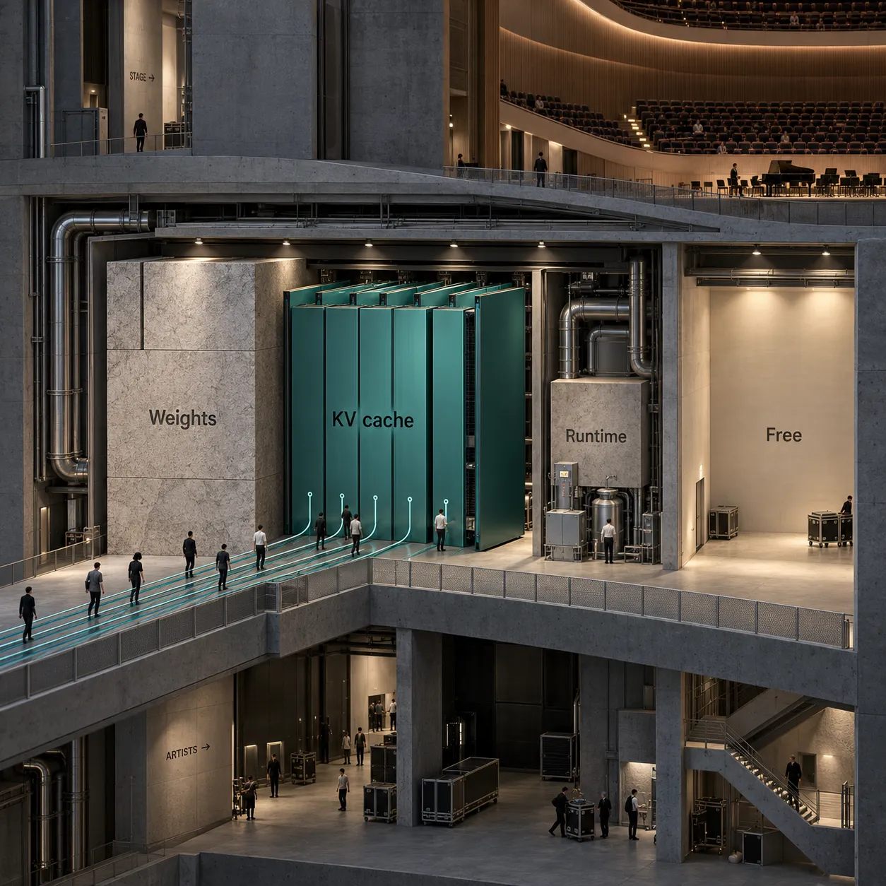 مقطع معماري يميز بين أوزان النموذج الثابتة وذاكرة KV للمحادثات وتخصيصات بيئة التشغيل والذاكرة الحرة