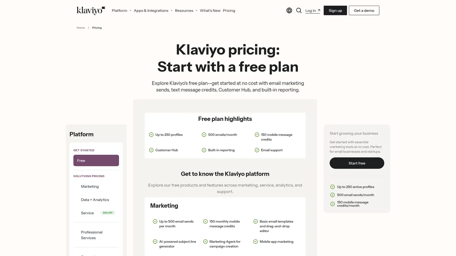 Capture d’écran de la page des prix Klaviyo