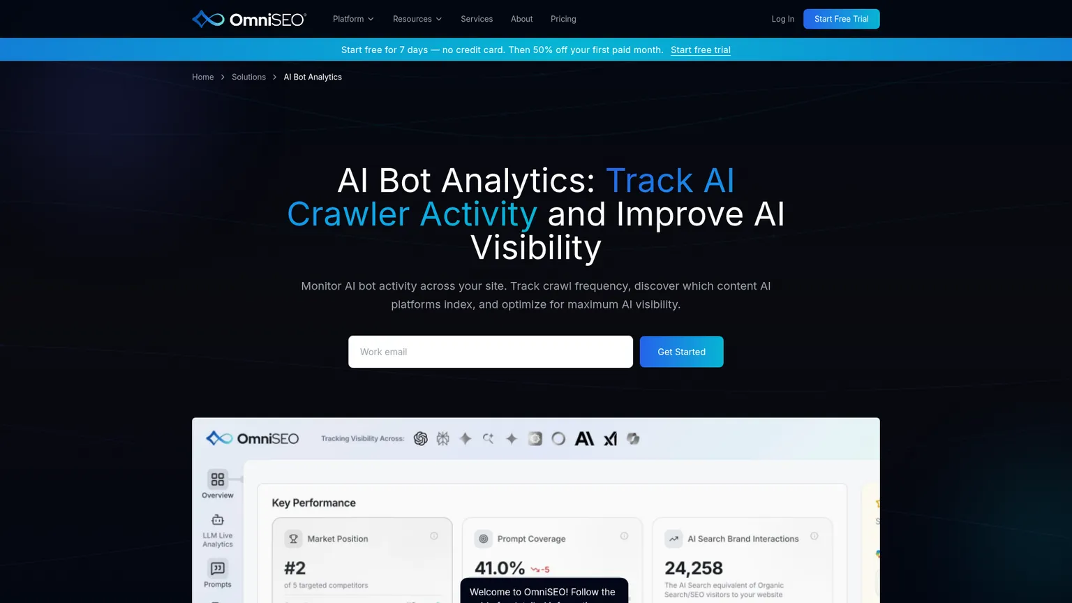 Pagina AI Bot Analytics di OmniSEO dedicata al monitoraggio dei crawler e al rilevamento dei blocchi