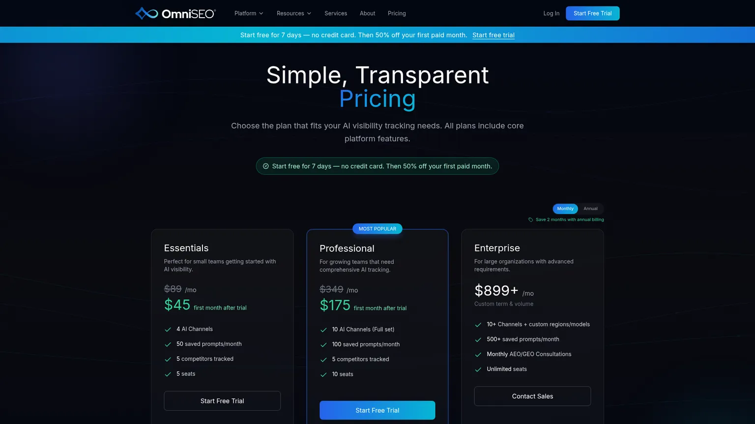 Matrice dei prezzi OmniSEO con limiti dei piani e disponibilità dell’export