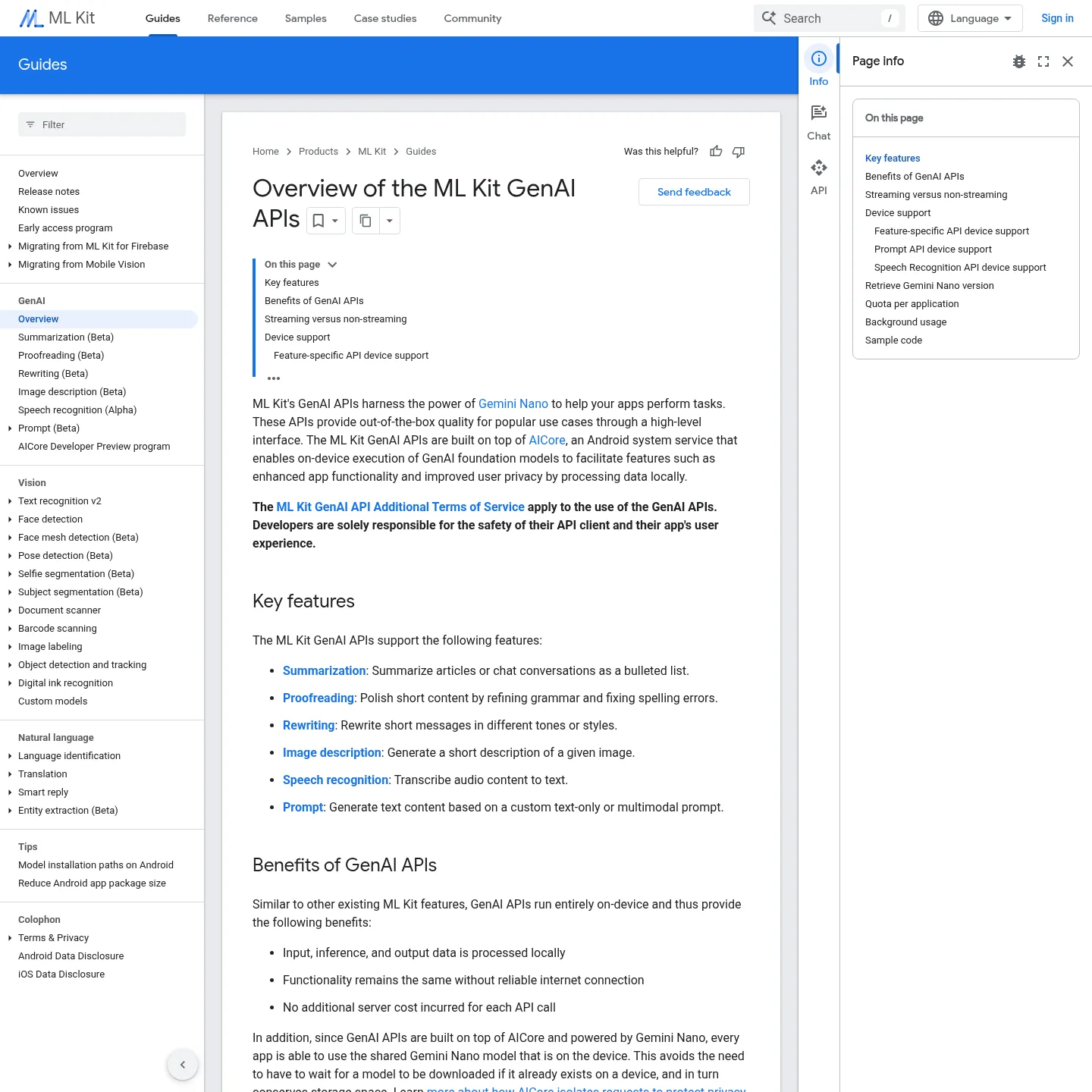 Documentación de ML Kit GenAI de Google con las funciones locales que admite.