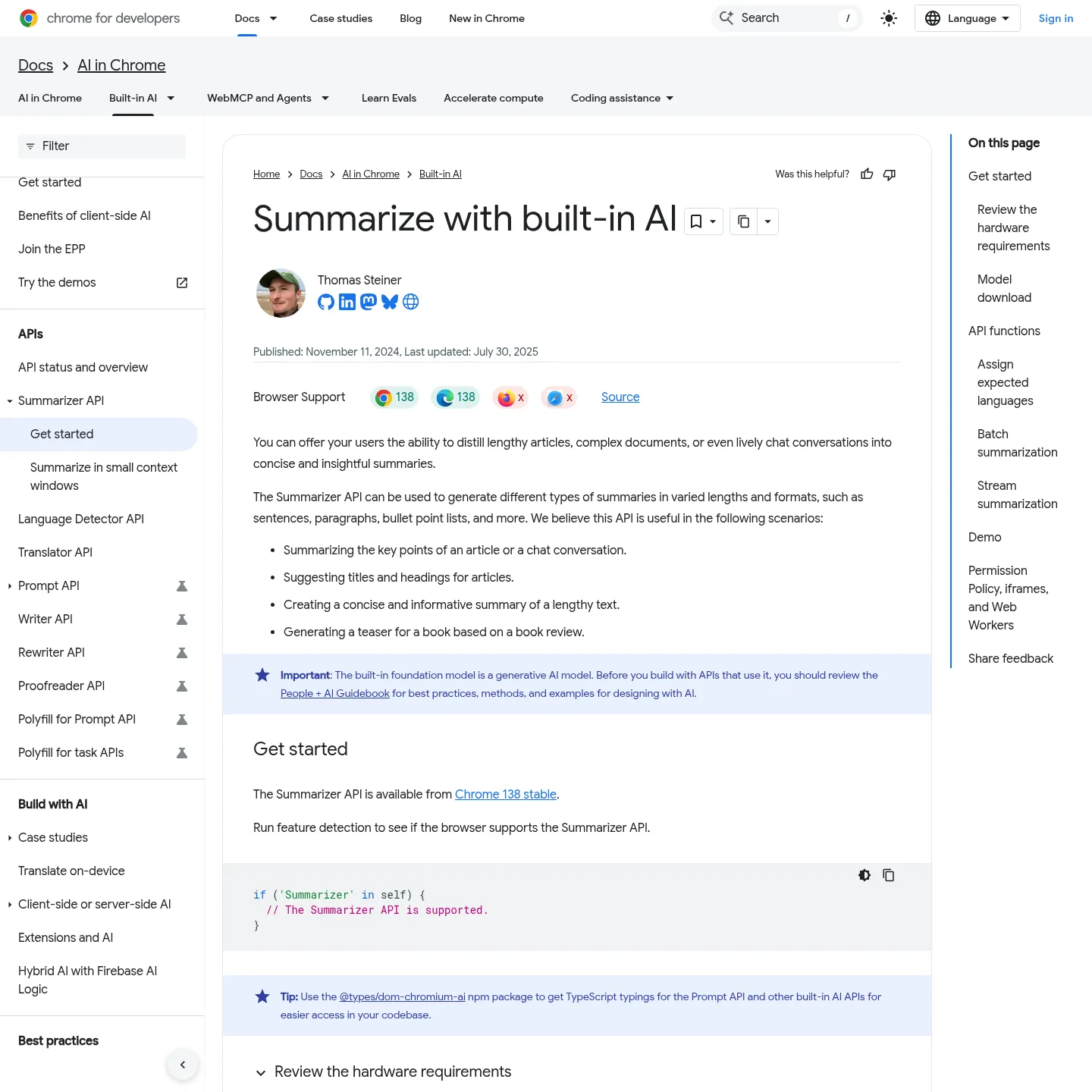 Documentación de la Summarizer API de Chrome sobre la generación local de resúmenes de texto.