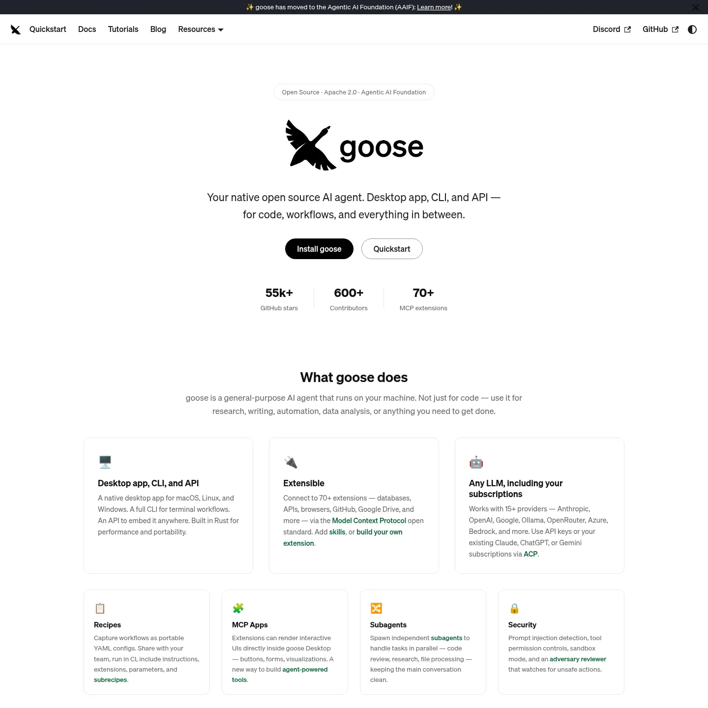 Goose official site with its desktop agent and installation entry points