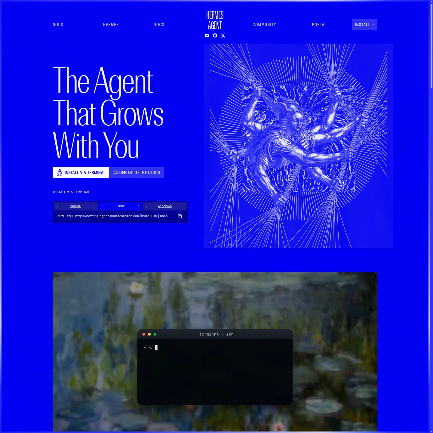 Hermes Agent official site showing its installable assistant