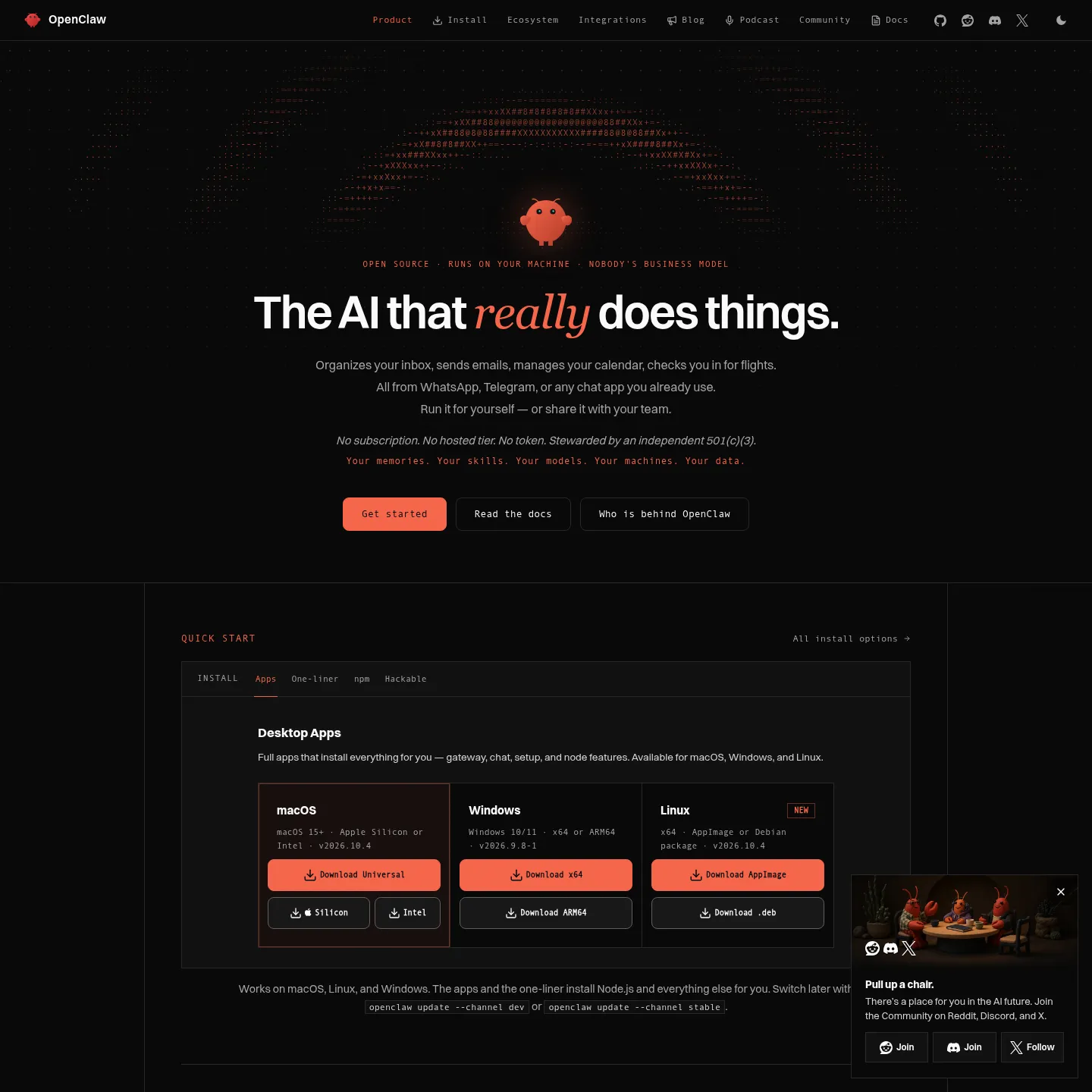 OpenClaw official homepage describing its assistant and messaging connections
