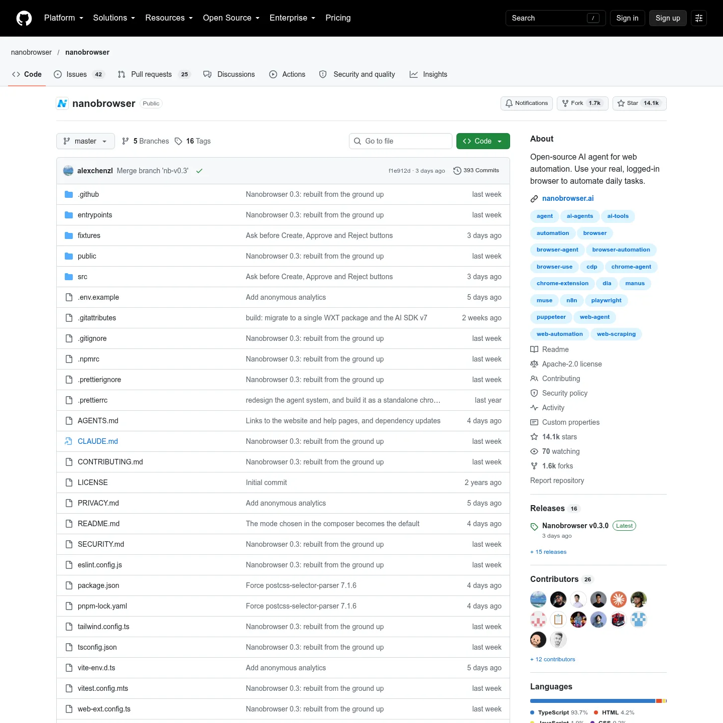 Nanobrowser repository with its browser-agent interface and installation instructions